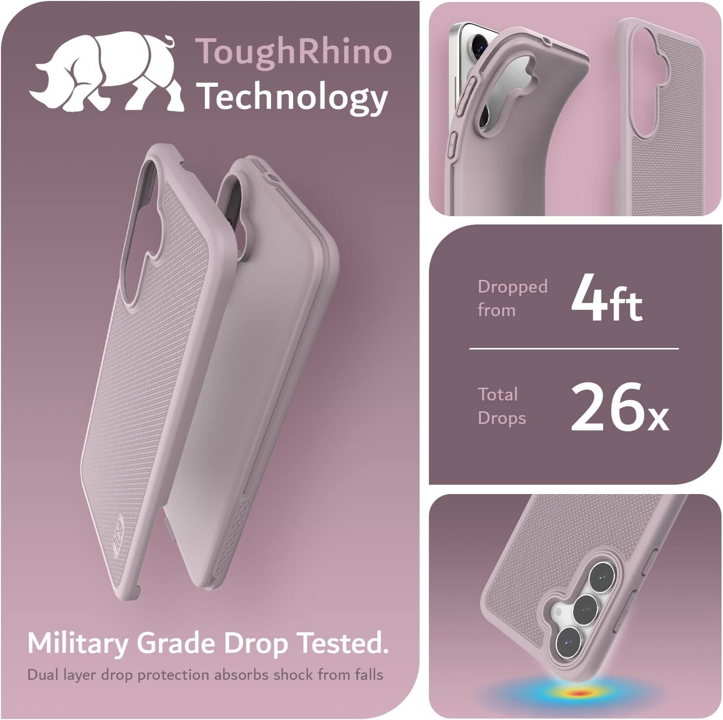 ToughRhino Technology

Dropped from 4ft  
Total Drops 26x

Military Grade Drop Tested.  
Dual layer drop protection absorbs shock from falls