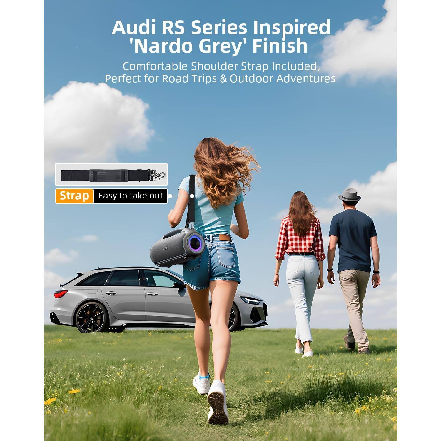 Audi RS Series Inspired 'Nardo Grey' Finish  
Comfortable Shoulder Strap Included, Perfect for Road Trips & Outdoor Adventures  

Strap  
Easy to take out