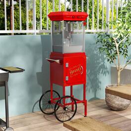 HTUTWOO - Popcorn Machine with Cart - 6 Oz Pot Popcorn Maker with Wheels & Stainless Steel Oil Spoon, Mobile Cart with Lockers - Red