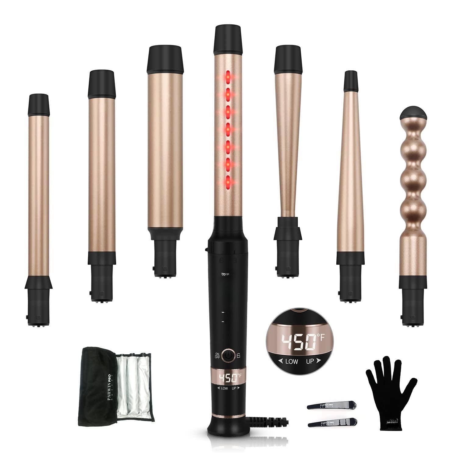 Reds Spade - Curling Iron With Ceramic Interchangeable Hair Curler Wand For Long Professional Led Temperature Control - Gold 7 in 1