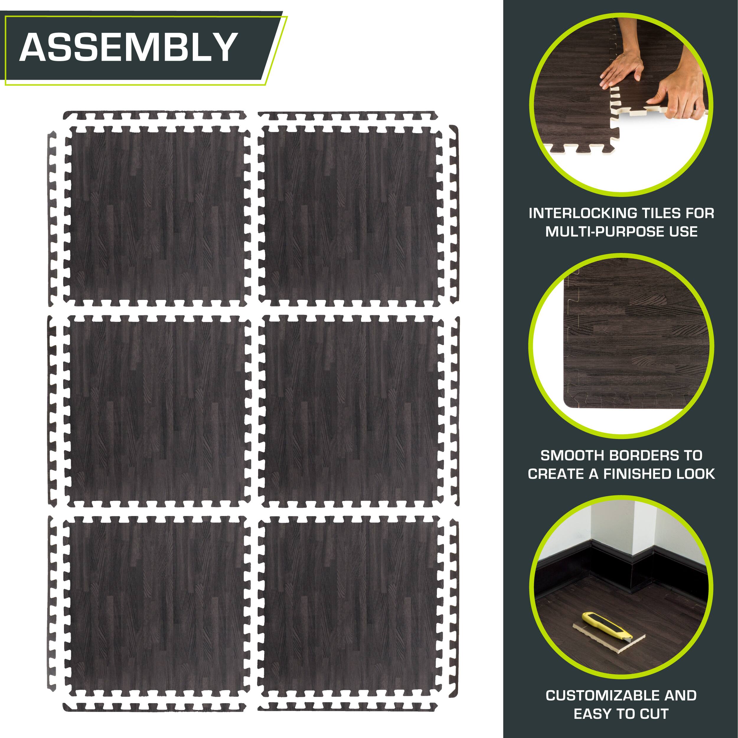 ASSEMBLY INTERLOCKING TILES FOR MULTI-PURPOSE USE. SMOOTH BORDERS TO CREATE A FINISHED LOOK. CUSTOMIZABLE AND EASY TO CUT.