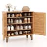 Costway - 2-Door Shoe Cabinet with Ventilated Woven Doors & 3 Removable Shelves for Entryway - Teakwood