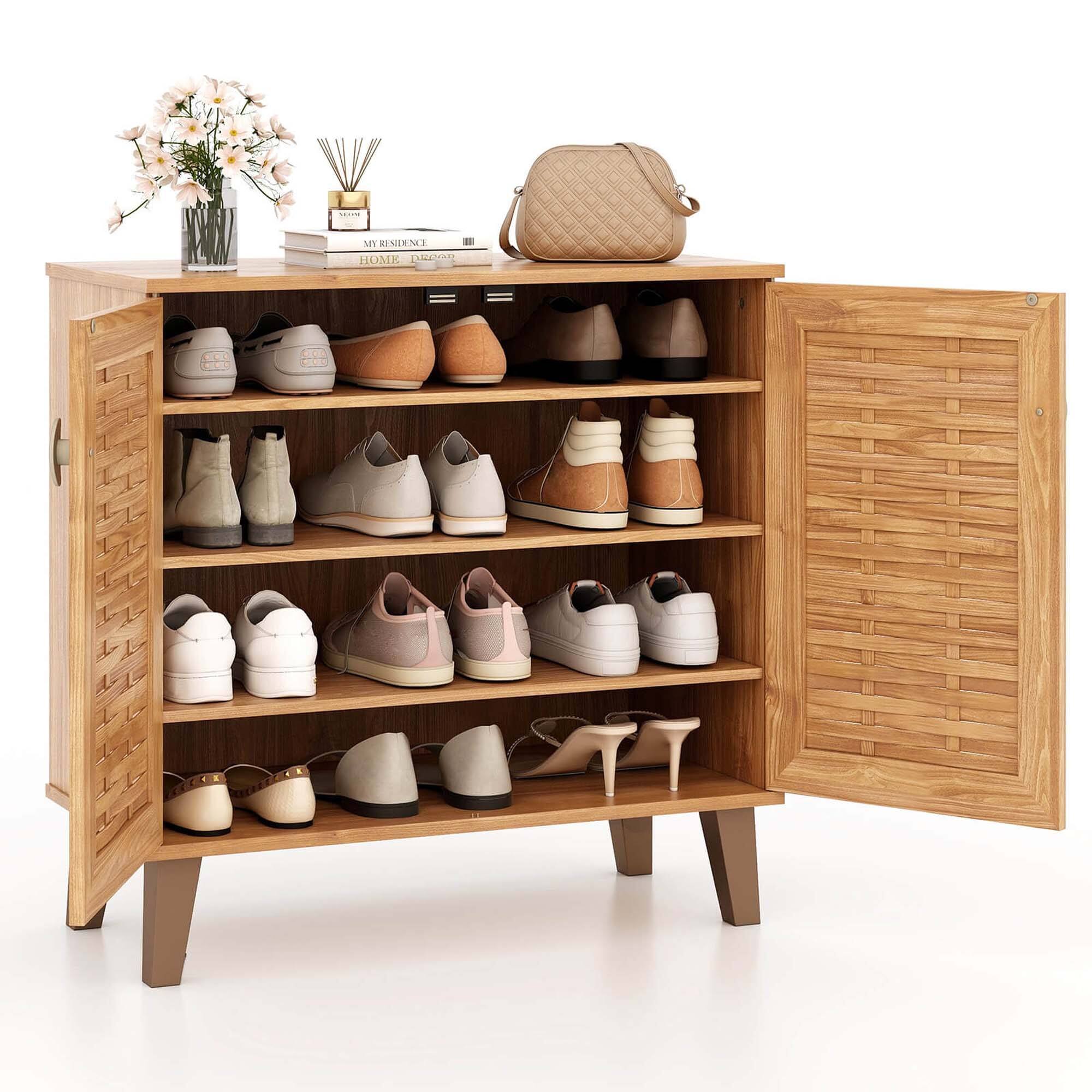 Costway - 2-Door Shoe Cabinet with Ventilated Woven Doors & 3 Removable Shelves for Entryway - Teakwood
