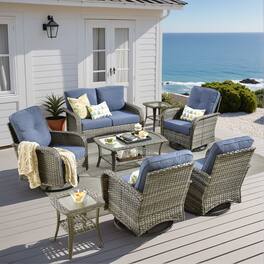 Ovios - 8 PCS Patio Furniture Sofa Set Rattan Couch with Swivel Chair, Coffee Table & Side Table - Denim Blue