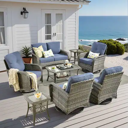 Front. Ovios - 8 PCS Patio Furniture Sofa Set Rattan Couch with Swivel Chair, Coffee Table & Side Table - Denim Blue.