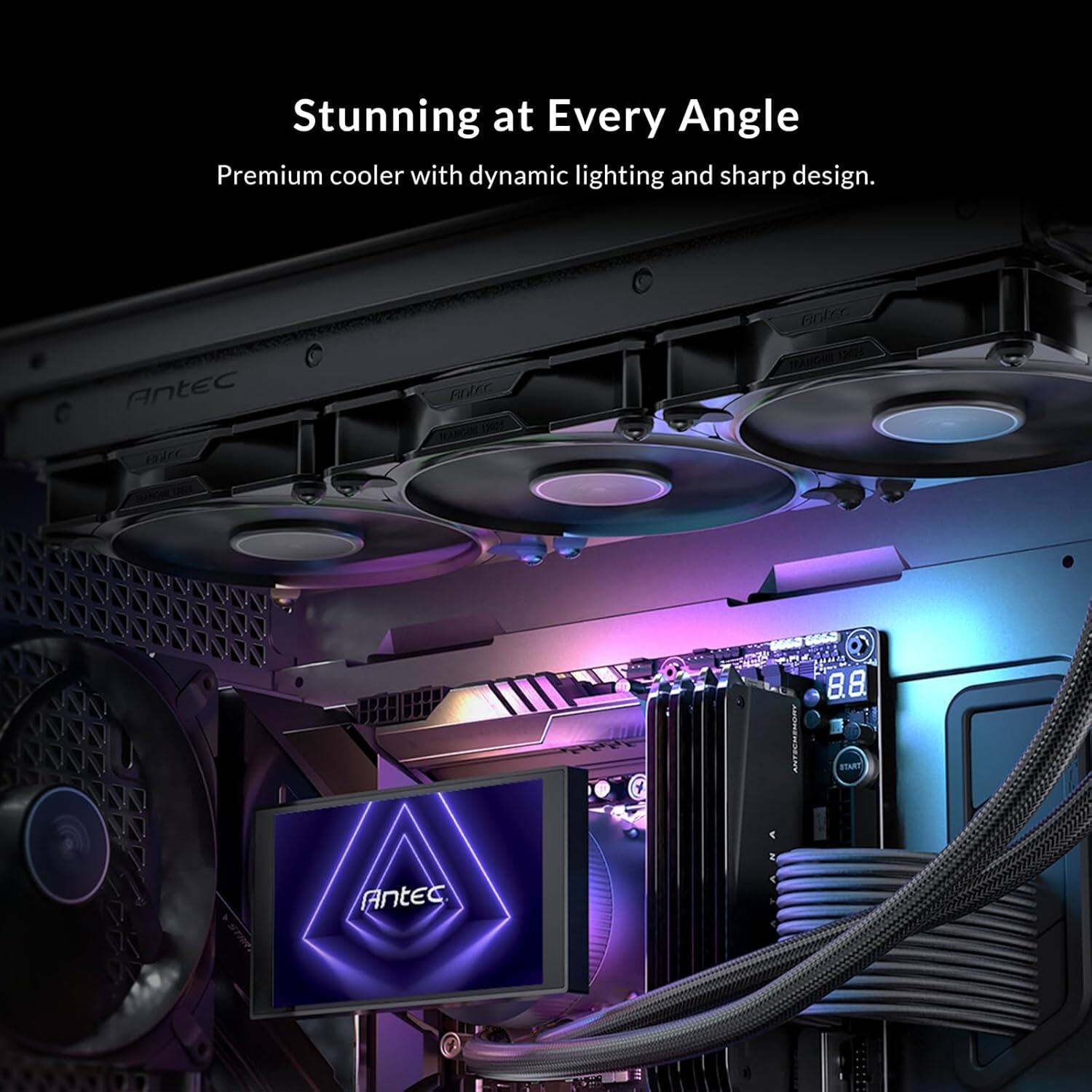 Stunning at Every Angle  
Premium cooler with dynamic lighting and sharp design.  
Antec Boreas D BrE120 12001 ANTEGMENDRT 8.8 START Antec.