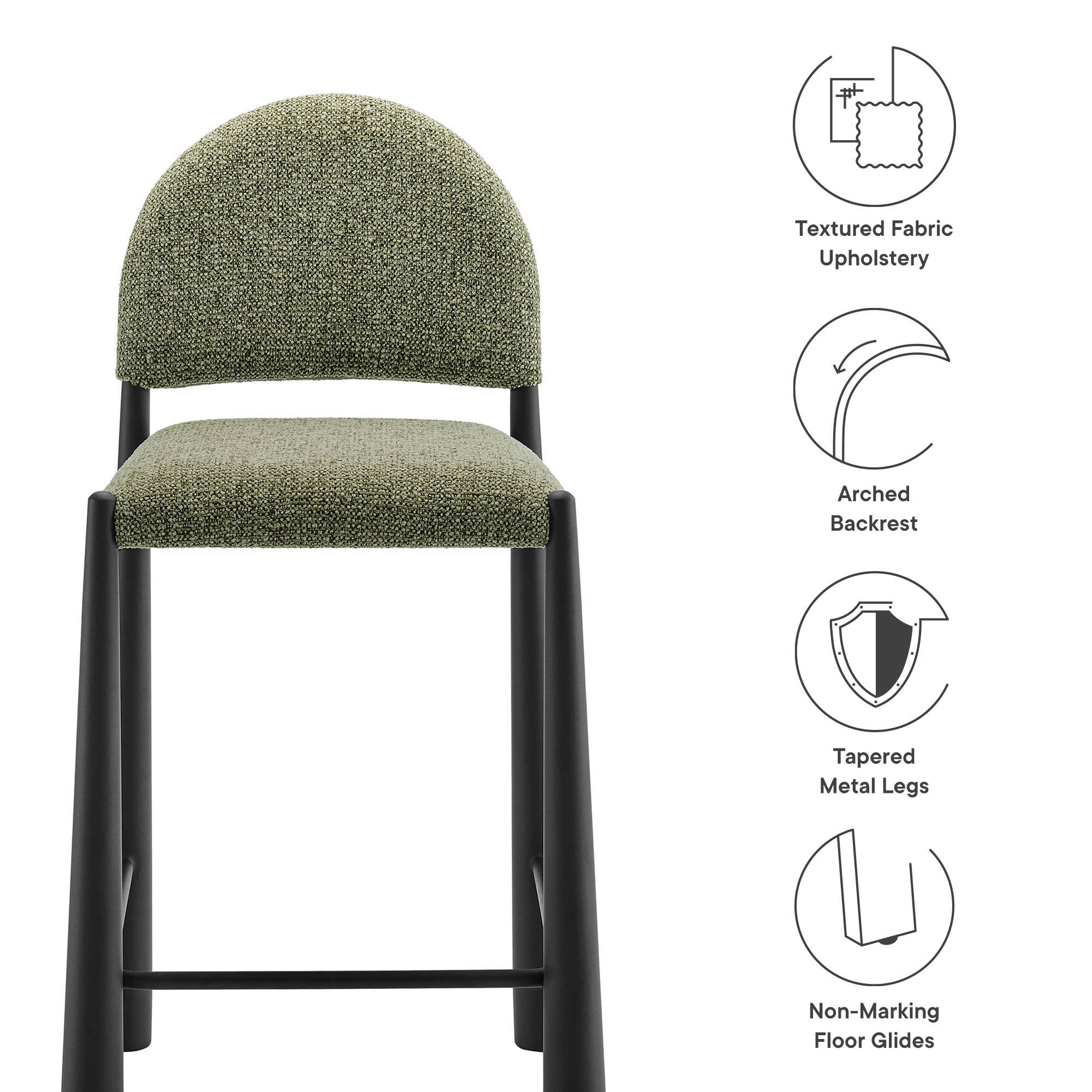- Textured Fabric Upholstery
- Arched Backrest
- Tapered Metal Legs
- Non-Marking Floor Glides