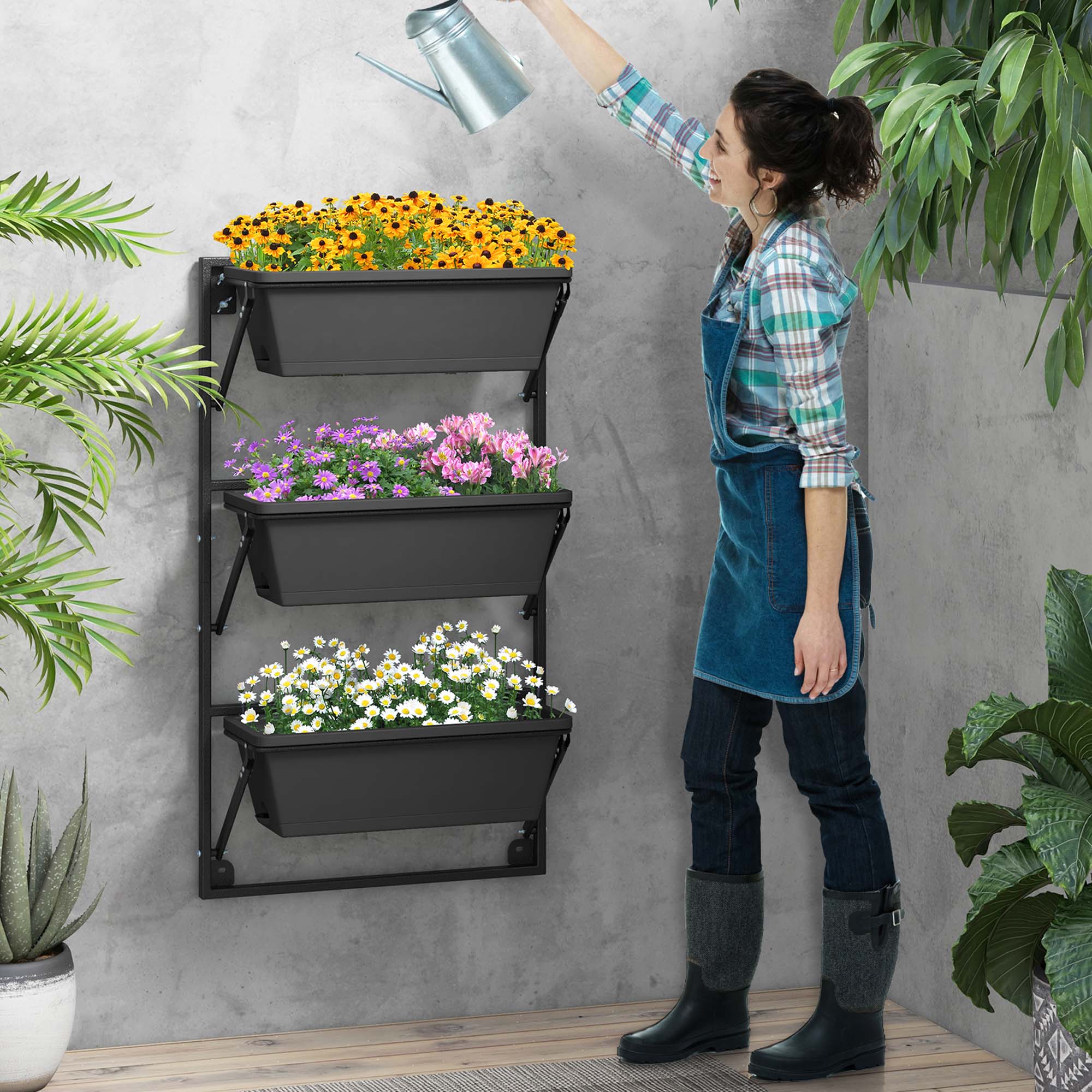 Alt View 4. Costway - Hanging Vertical Planter with 3 Planter Boxes & Detachable Hooks for Flowers - Black.