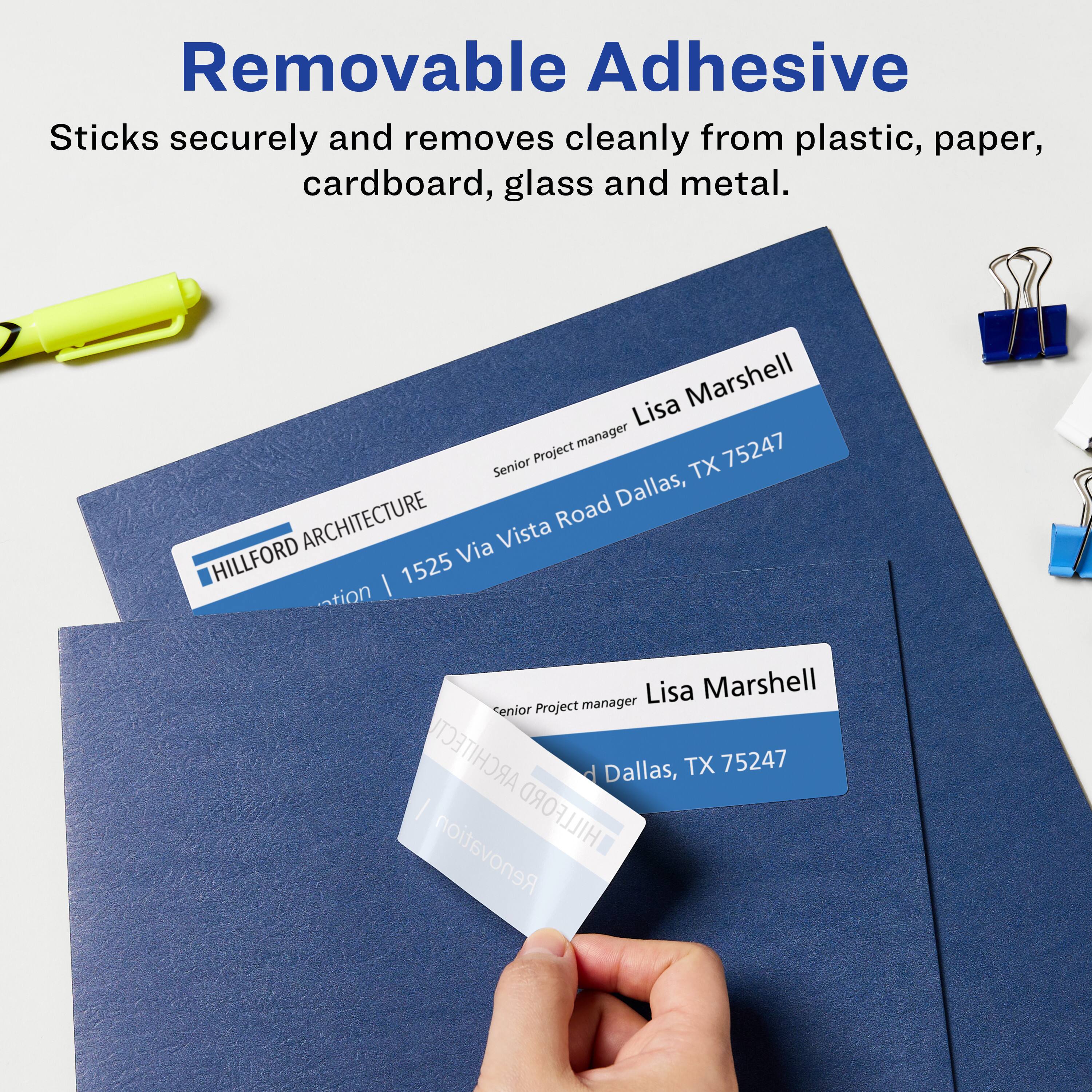 Removable Adhesive  
Sticks securely and removes cleanly from plastic, paper, cardboard, glass, and metal.

Lisa Marshell  
Senior Project Manager  
HILLFORD ARCHITECTURE  
1525 Via Vista Road  
Dallas, TX 75247