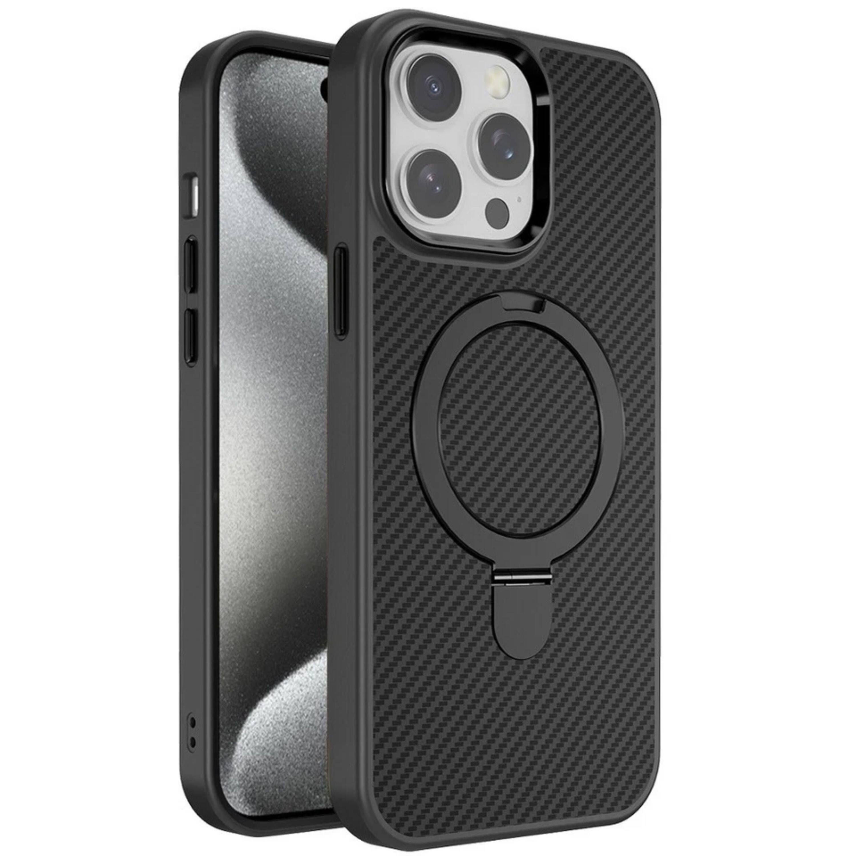 Angle. Kitcheniva - Carbon Fiber Ring Stand Case With 2 Tempered Glass For iPhone 15 Pro Max - Black.