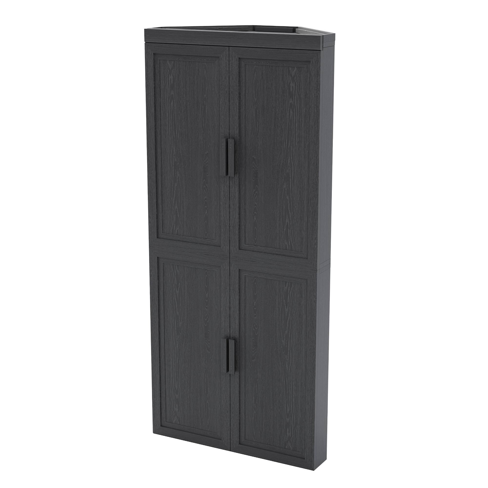 Left. PexFix - 72" Farmhouse Corner Accent Storage Cabinet with Solid Wood Doors and Adjustable Shelves for Space-Saving - Black.