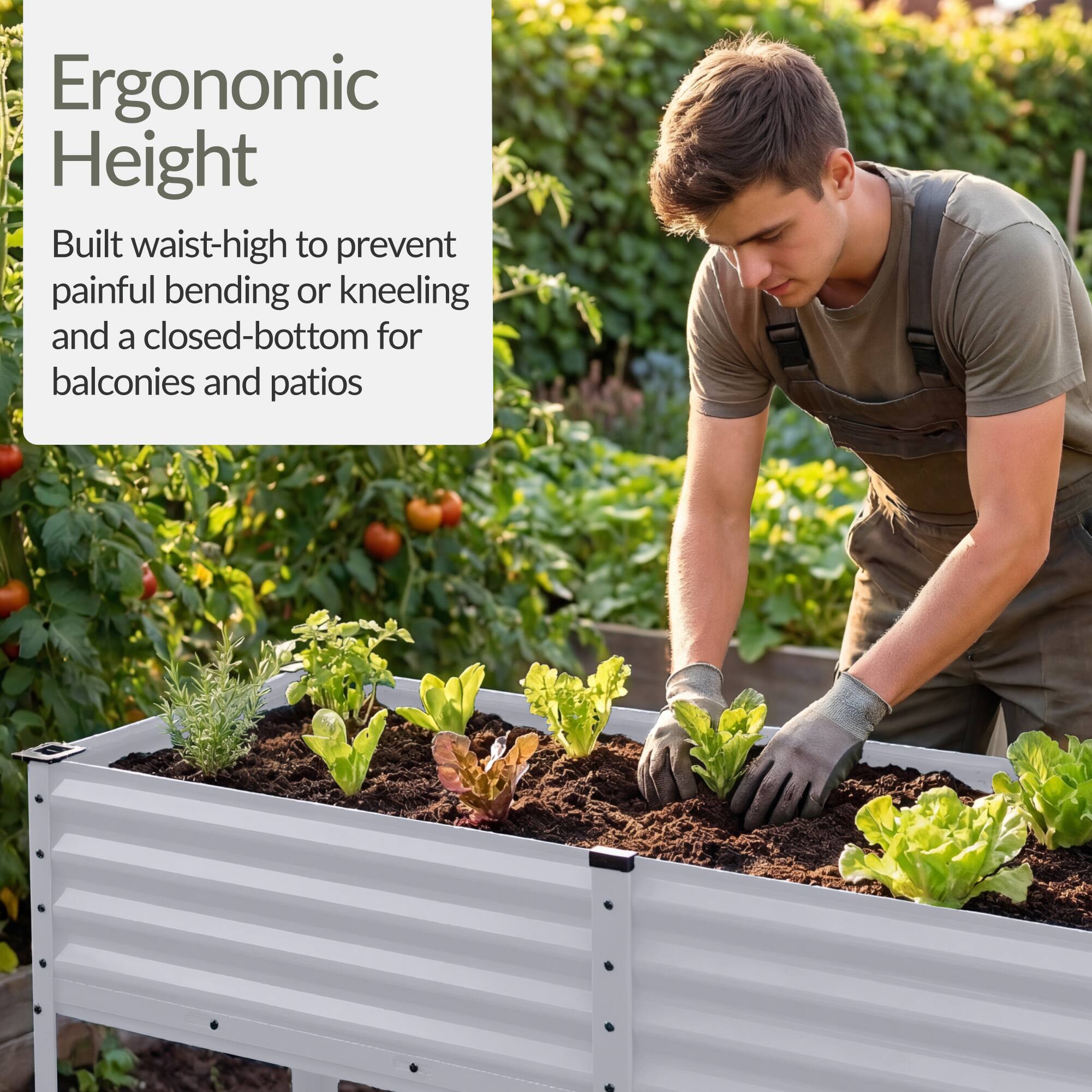 Ergonomic Height

Built waist-high to prevent painful bending or kneeling and a closed-bottom for balconies and patios