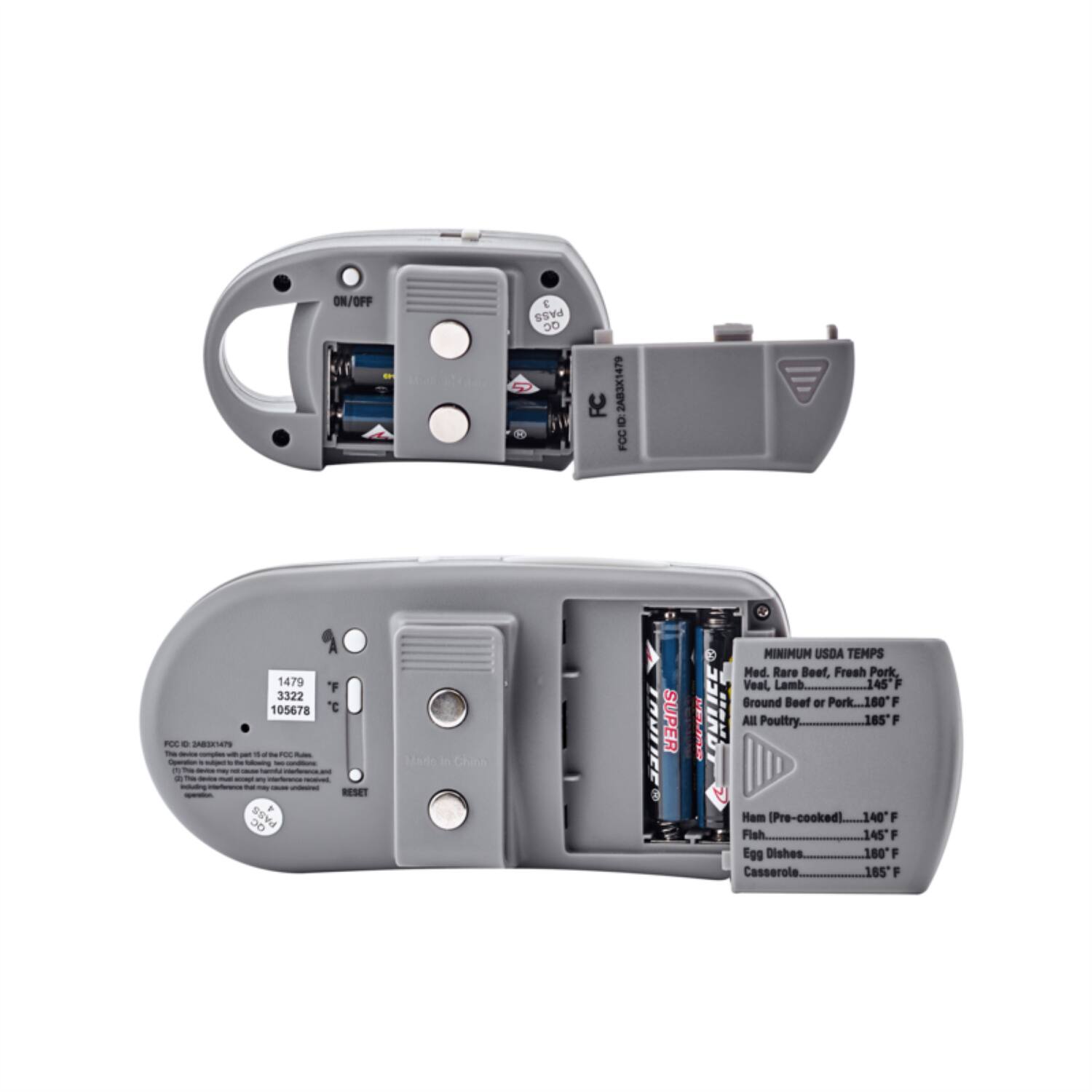 ON/OFF d E PASS D0 FC 283K147 D FCC 1479 3322 105678 FOE D INESTA7S - - - - - - - - - - 'F  RESET Msdo i Chins TAUTEE SUPER IEE MINIMUM USDA TEMPS Med. Rare Beef, Fresh Pork, Veal, Lamb 145" F H Ground Beef or Pork 160 F E LOULICE All Poultry 185 F Hem Pre-cooked] 140 F Fish 145 F Egg Dishes 160 F Casserole 165 F