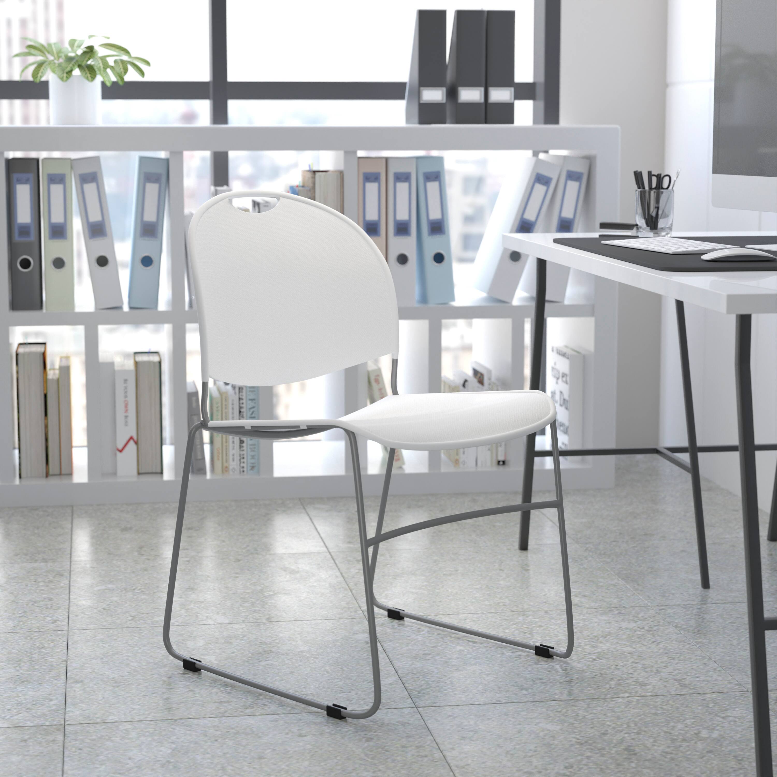 Alt View 1. Emma + Oliver - Ultra-Compact School Stack Chair - Office Guest Chair/Student Chair - White Plastic/Silver Frame.