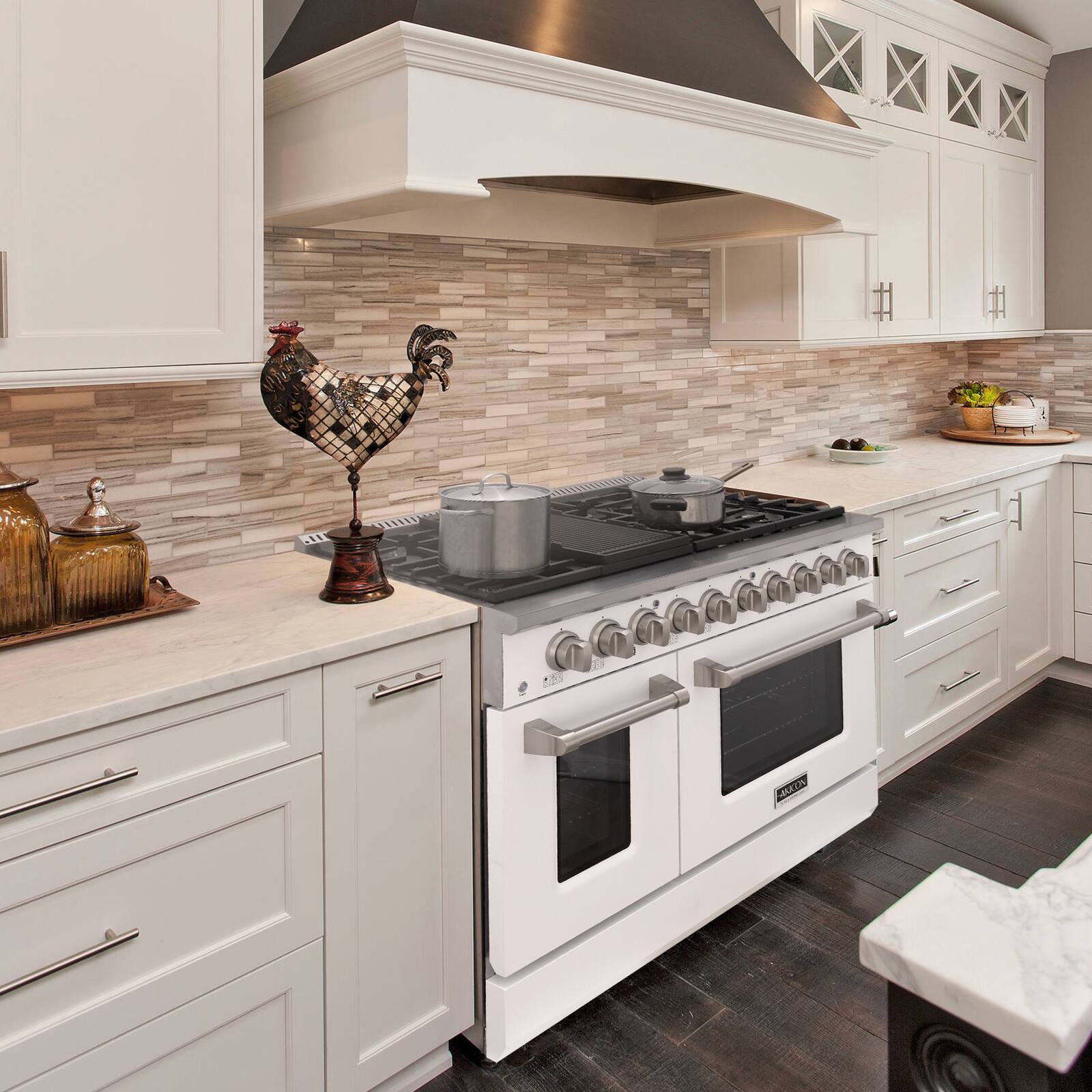 Alt View 8. Akicon - Akicon 6.7 Cu.ft Slide-in Freestanding Gas Convection Range with 6 Burners and Cast Iron Grates in White&Stainless Steel - White&Stainless Steel.