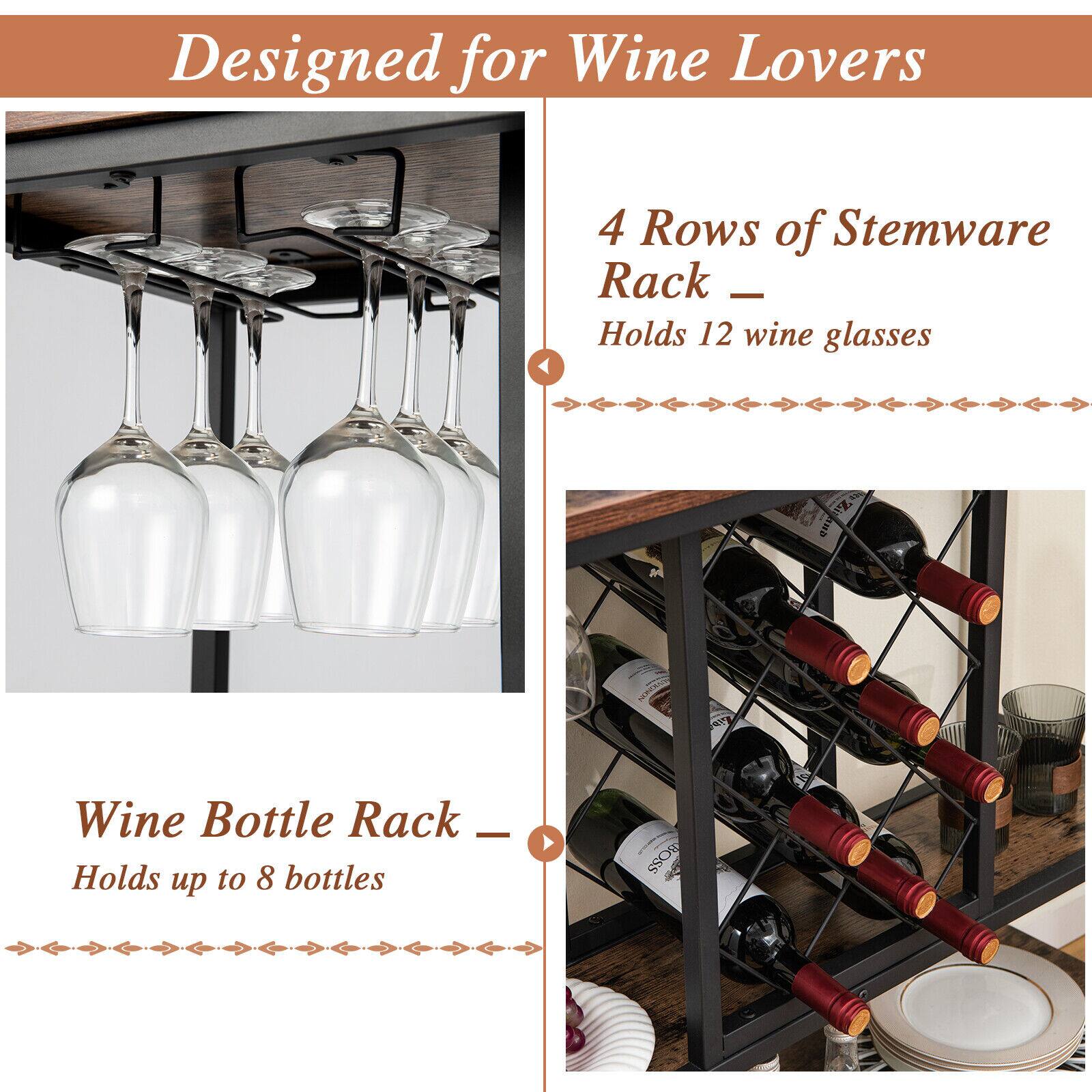 Designed for Wine Lovers

4 Rows of Stemware Rack — Holds 12 wine glasses

Wine Bottle Rack — Holds up to 8 bottles
