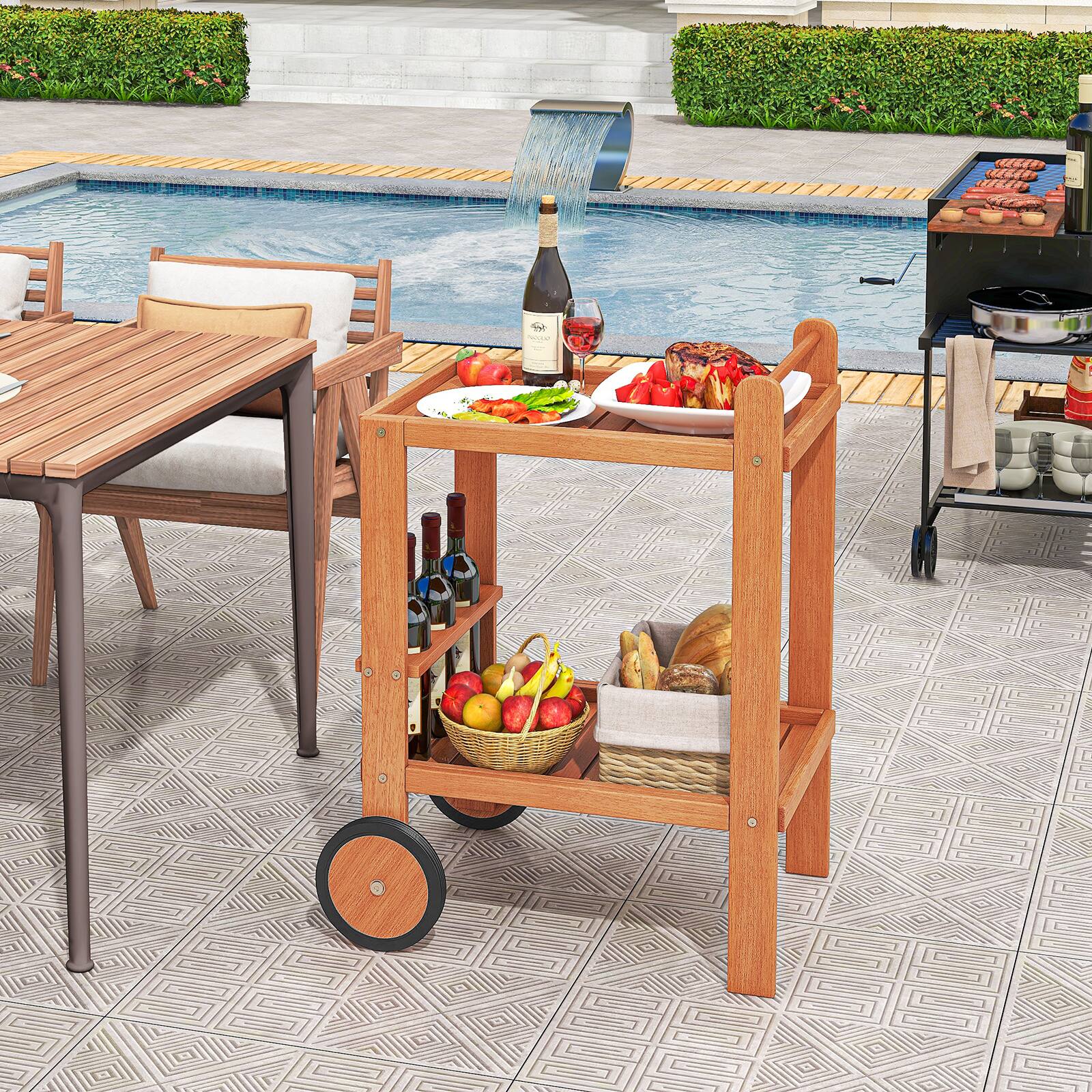 Alt View 1. Gymax - Gymax Wood Bar Cart 2 Tier Bar Trolley w/ Large Rubber Wheels & Wine Bottle Rack - Natural.