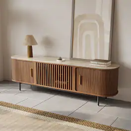 POVISON - 71" Mid-Century Modern Sintered Stone Tabletop TV Stand - Walnut with Sintered Stone