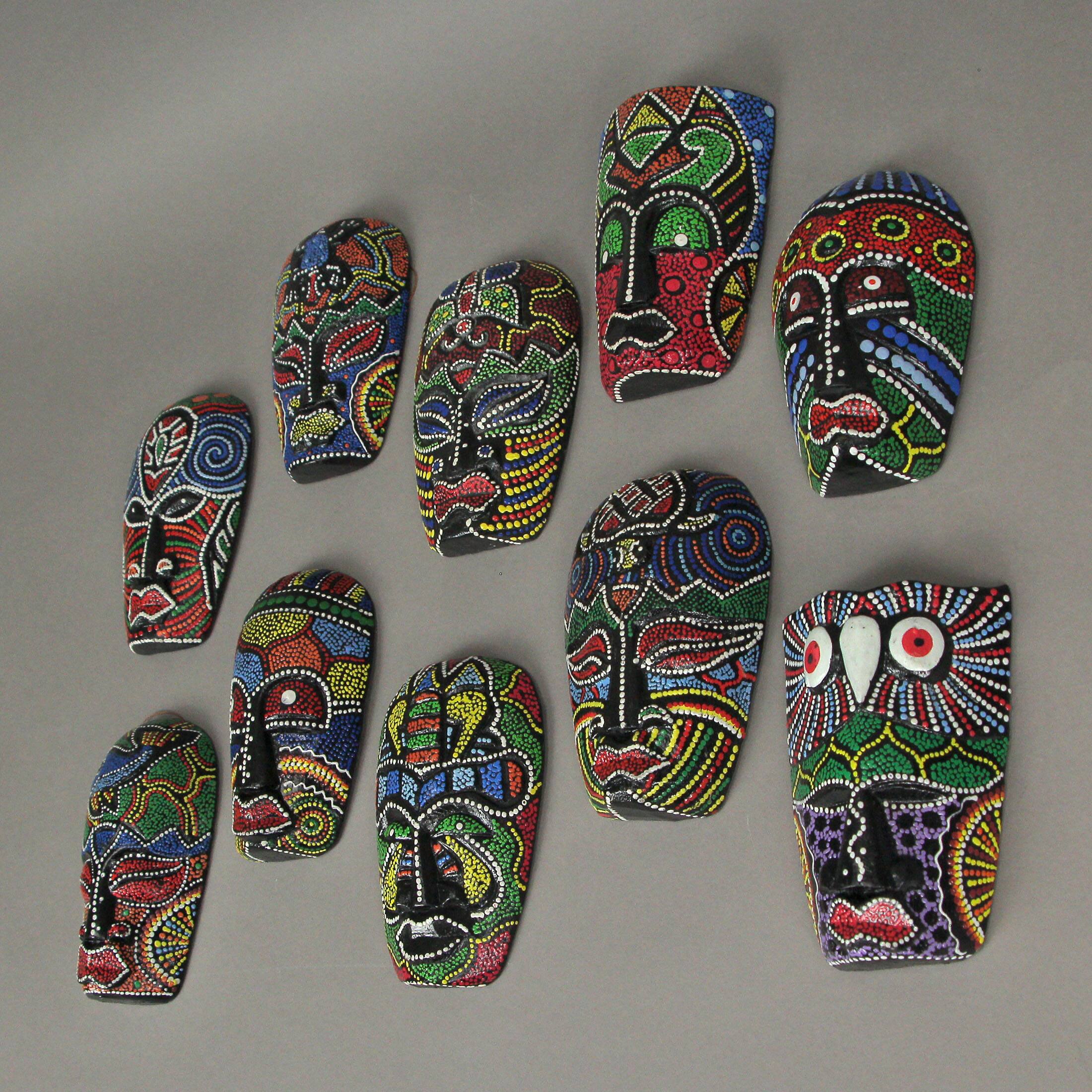 Alt View 1. Zeckos - Set of 10 Hand Carved Tropical Dot Painted Tribal Masks 5 Inch Wall Decor - Multicolored.