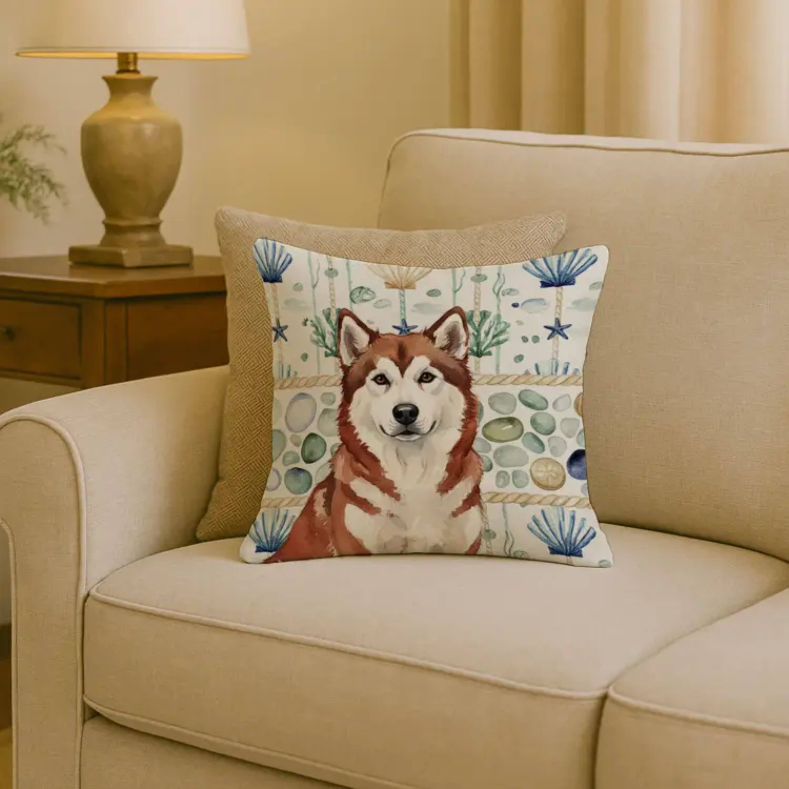 Angle. Kitcheniva - 18" x 18" Coastal Sea Design Throw Pillow Home Decor Alaskan Malamute Red And White - Multicolor.
