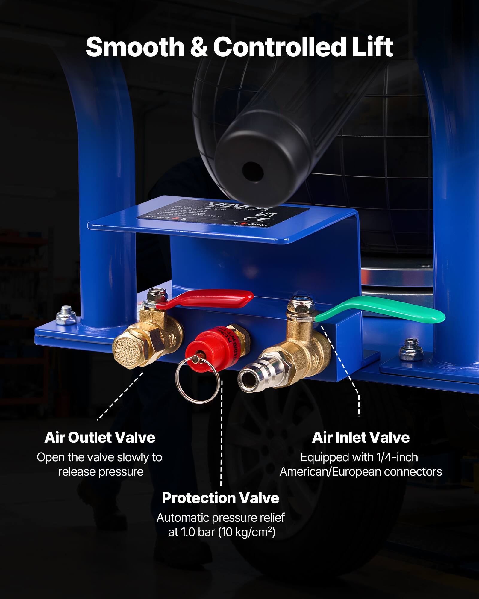 Smooth & Controlled Lift

Air Outlet Valve
Open the valve slowly to release pressure

Air Inlet Valve
Equipped with 1/4-inch American/European connectors

Protection Valve
Automatic pressure relief at 1.0 bar (10 kg/cm²)