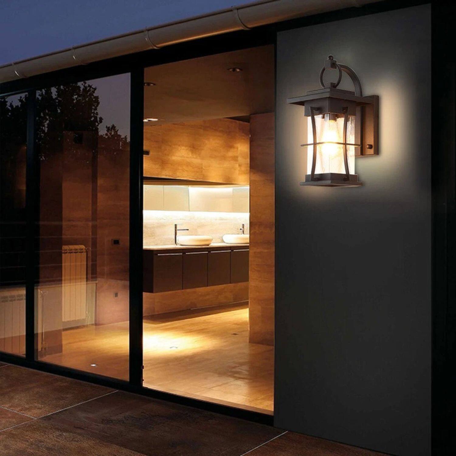 Angle. Stock Preferred - 110V-240V Black Outdoor Wall Lantern with White Ground Glass - Matte Black with White Ground Glass Shade.