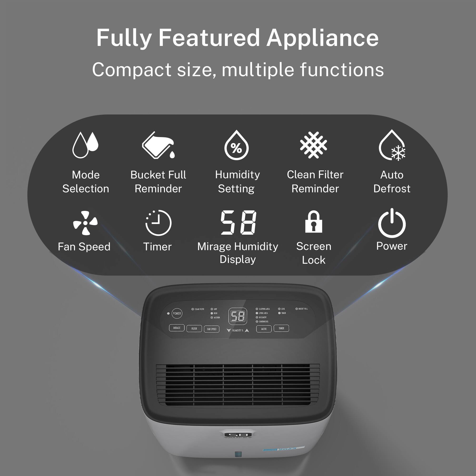 Fully Featured Appliance  
Compact size, multiple functions  

- Mode Selection  
- Bucket Full Reminder  
- Humidity Setting  
- Clean Filter Reminder  
- Auto Defrost  
- Fan Speed  
- Timer  
- Mirage Humidity Display  
- Screen Lock  
- Power