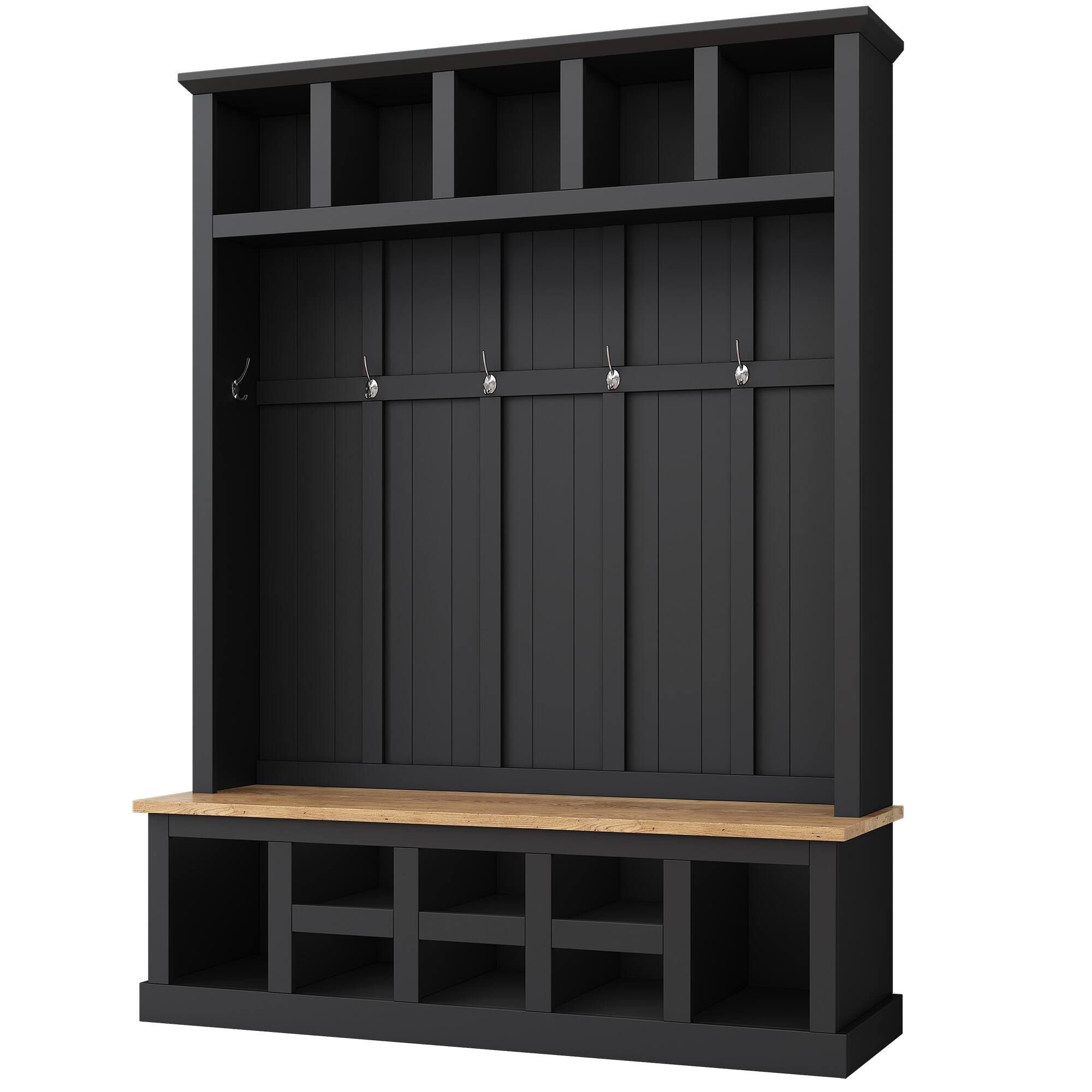 Angle. Whisen - Hall Tree with Storage Bench and Shoe Cabinet,Entryway Organizer with 6 Hooks - Black.