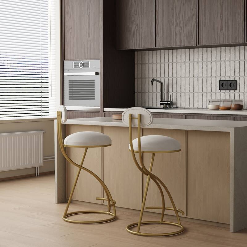 Alt View 1. HTUTWOO - Round Bar Stools Set of 2, Velvet Upholstered Counter Height Chairs with Back,for Kitchen Island, Dining Room & Home Bar - White.