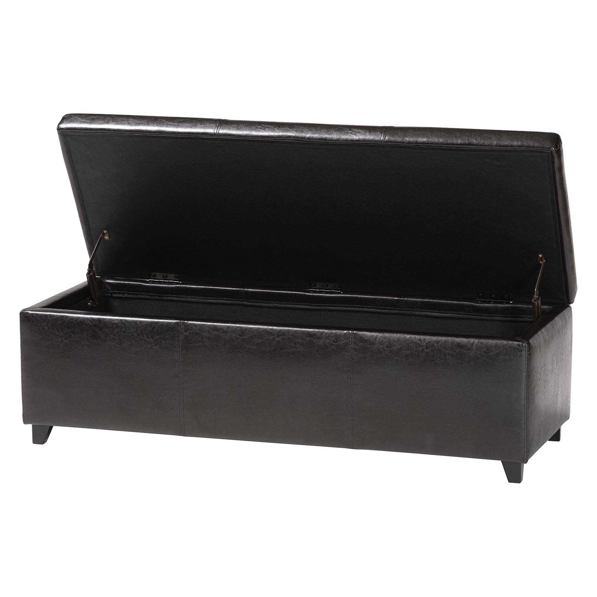 Angle. Baxton Studio - PU Leather Storage Bench Ottoman with Stitching - Dark Brown.