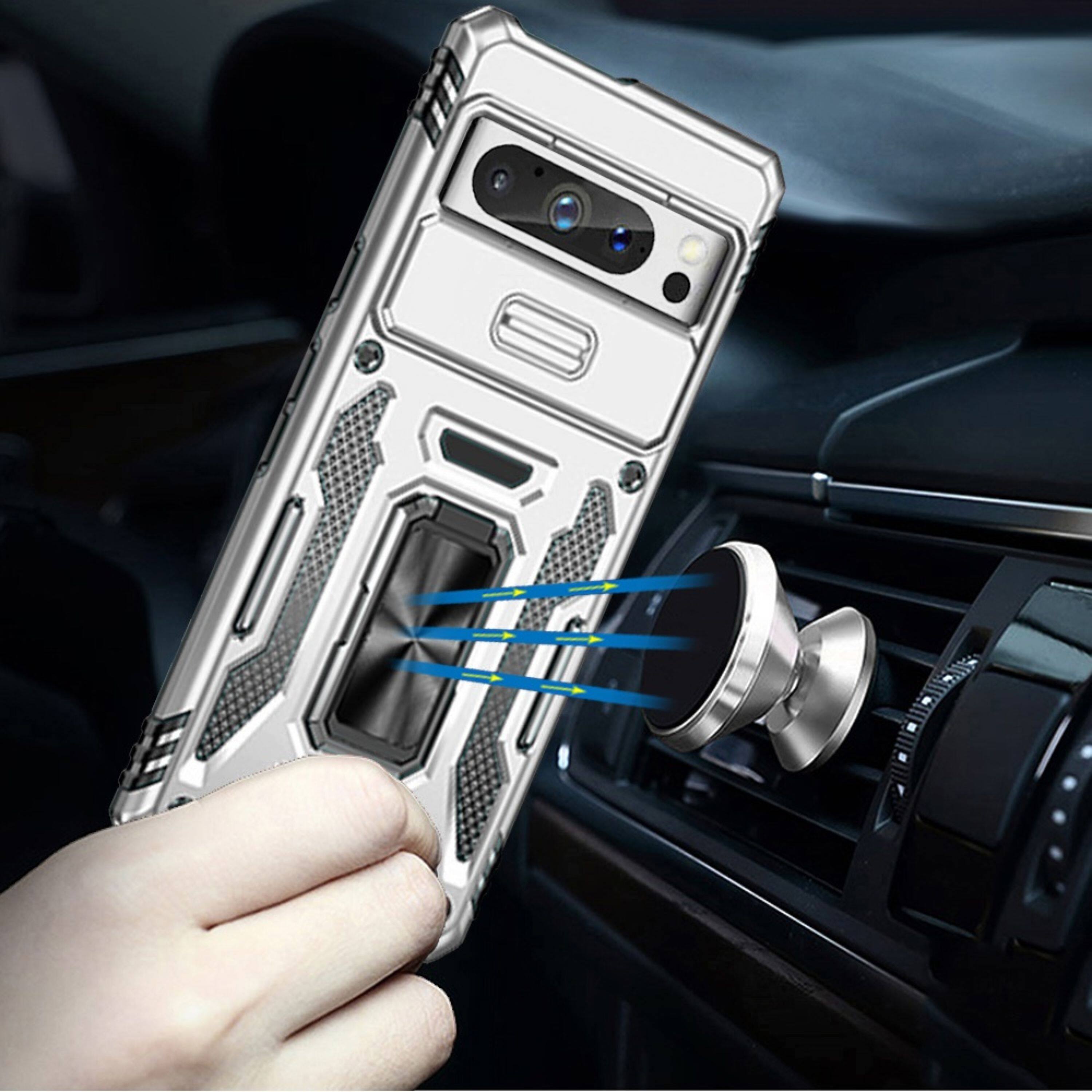 Angle. Kitcheniva - Sliding Lens Cover Shockproof Ringstand Case For Google Pixel 9 & Google Pixel 9 Pro Silver - Silver.