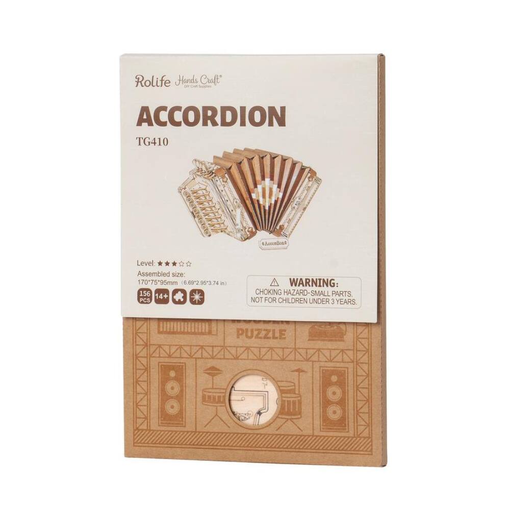 Rolife Hands Craft  
ACCORDION  
TG410  

Level: ★★★☆☆  
Assembled size: 170x75x95mm (6.69x2.95x3.74 in)  
156 PCS  
14+  

WARNING: CHOKING HAZARD - SMALL PARTS. NOT FOR CHILDREN UNDER 3 YEARS.  

PUZZLE