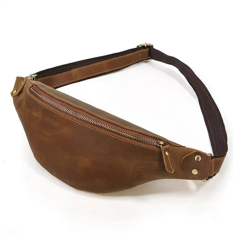 Left. Steel Horse Leather - Wagner Leather Waist Bag | Full Grain Leather Fanny Pack - Brown.