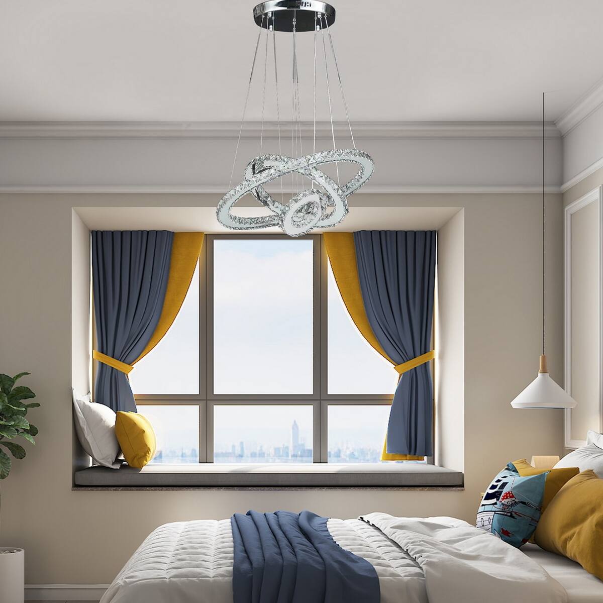 Angle. Loheer - Loheer Triple Ring LED Chandelier with Adjustable Height, Dimmable Crystal Light in Silver.