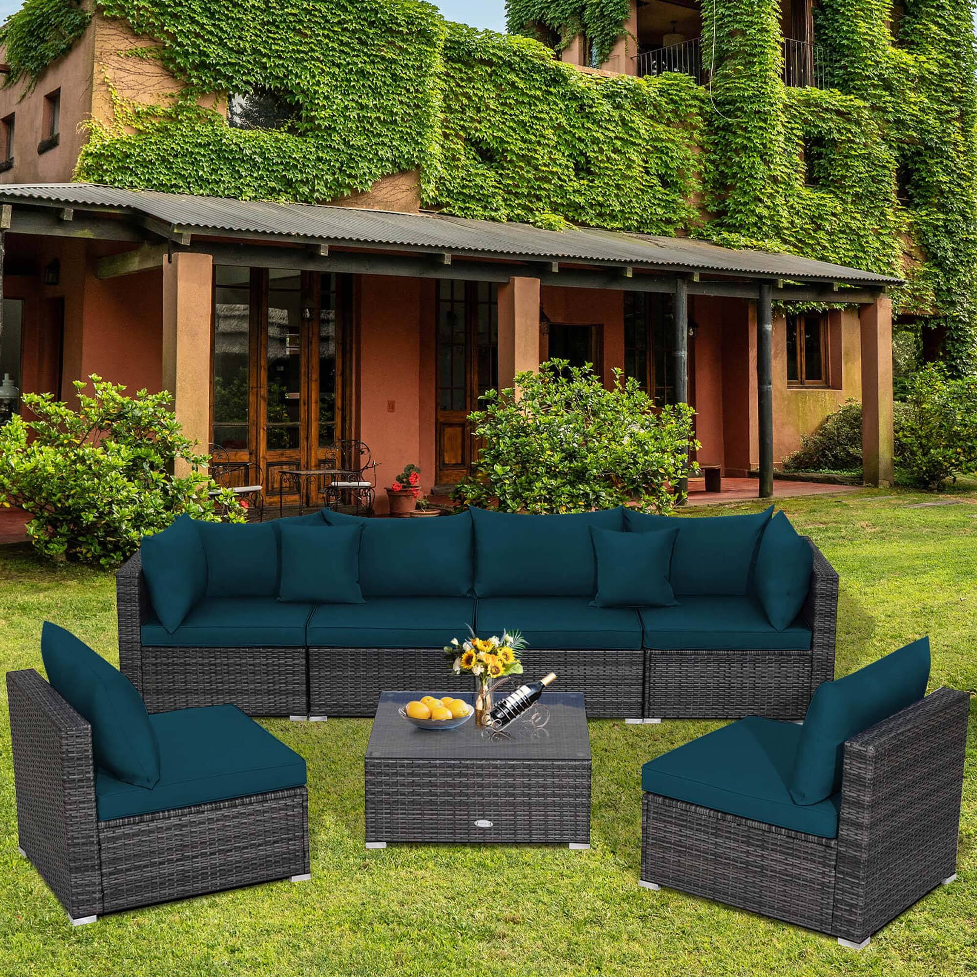 Alt View 4. Costway - 7PCS Patio Rattan Furniture Set Sectional Sofa Cushioned Garden Peacock - Peacock Blue.