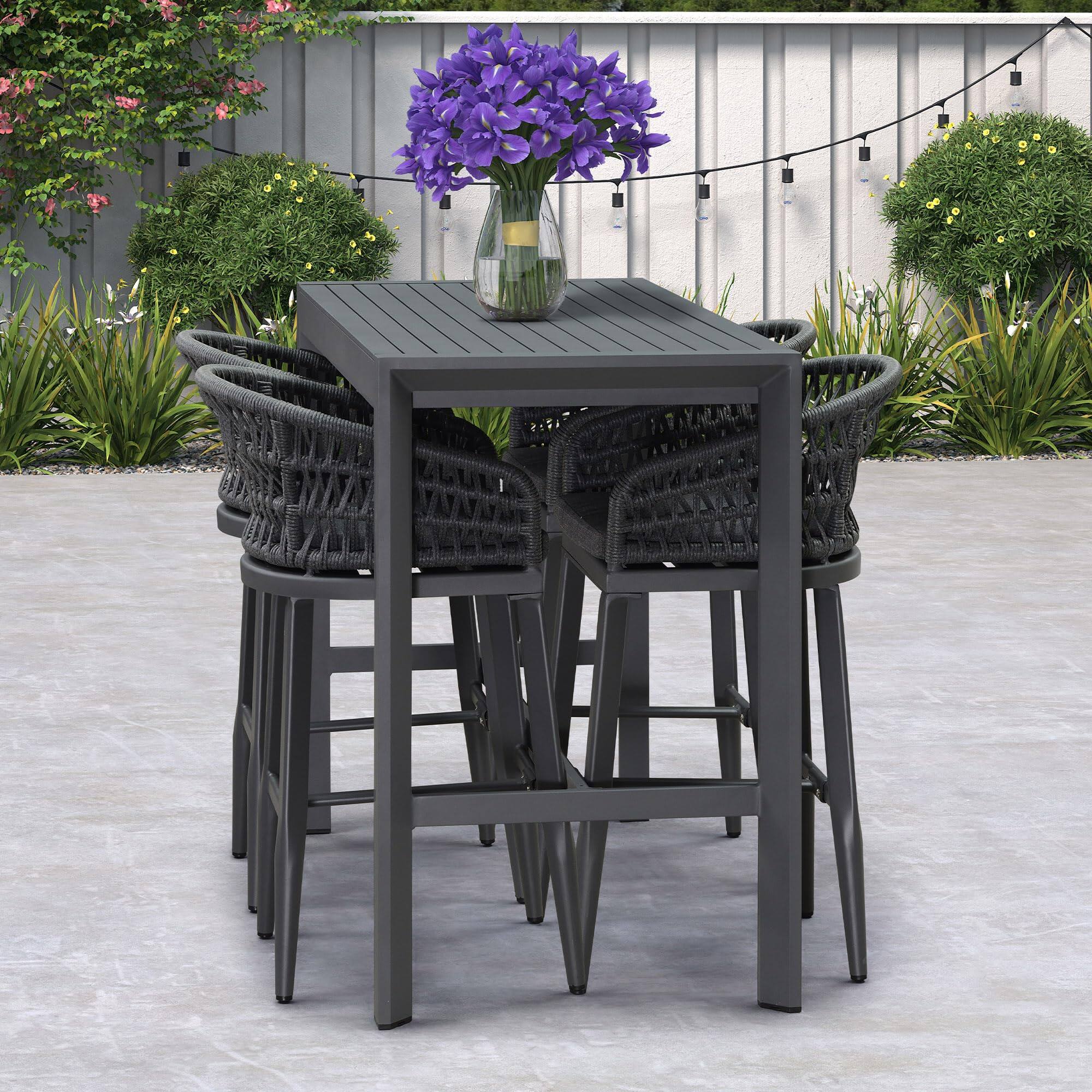 Back. PURPLE LEAF - Outdoor Counter/Bar Height StoolsRattan Wicker Bar Chairs Woven Aluminum Barstools Set of 2 with Back and Cushions - Grey-Bar Stool.