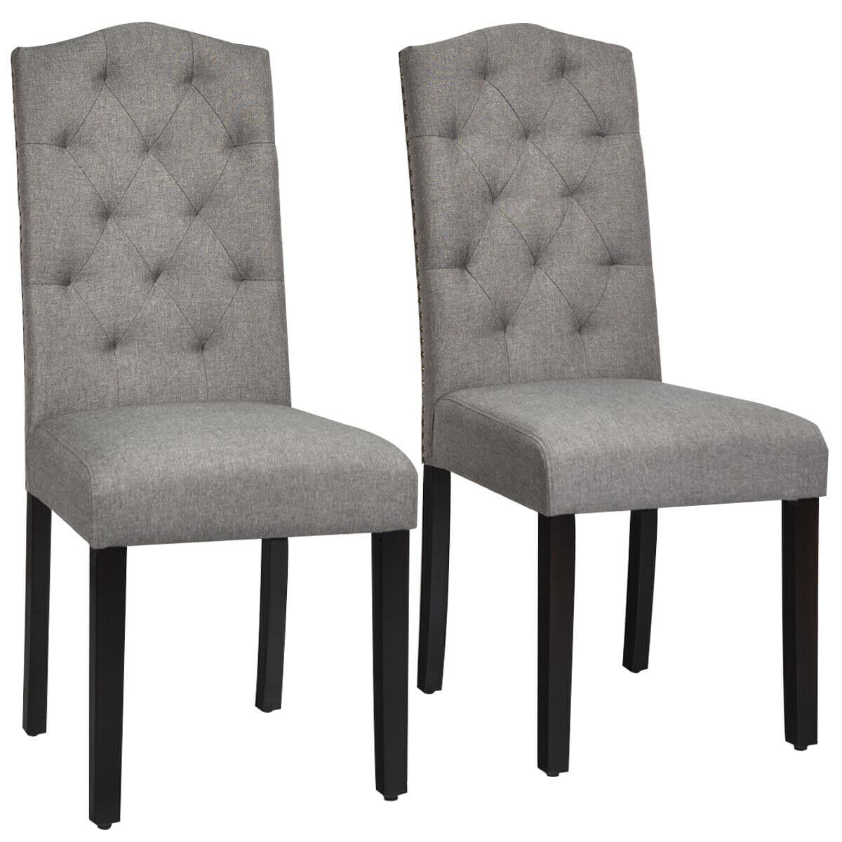 Gymax - Set of 2 Tufted Dining Chair Upholstered w/ Nailhead Trim & Rubber Wooden Legs - Gray