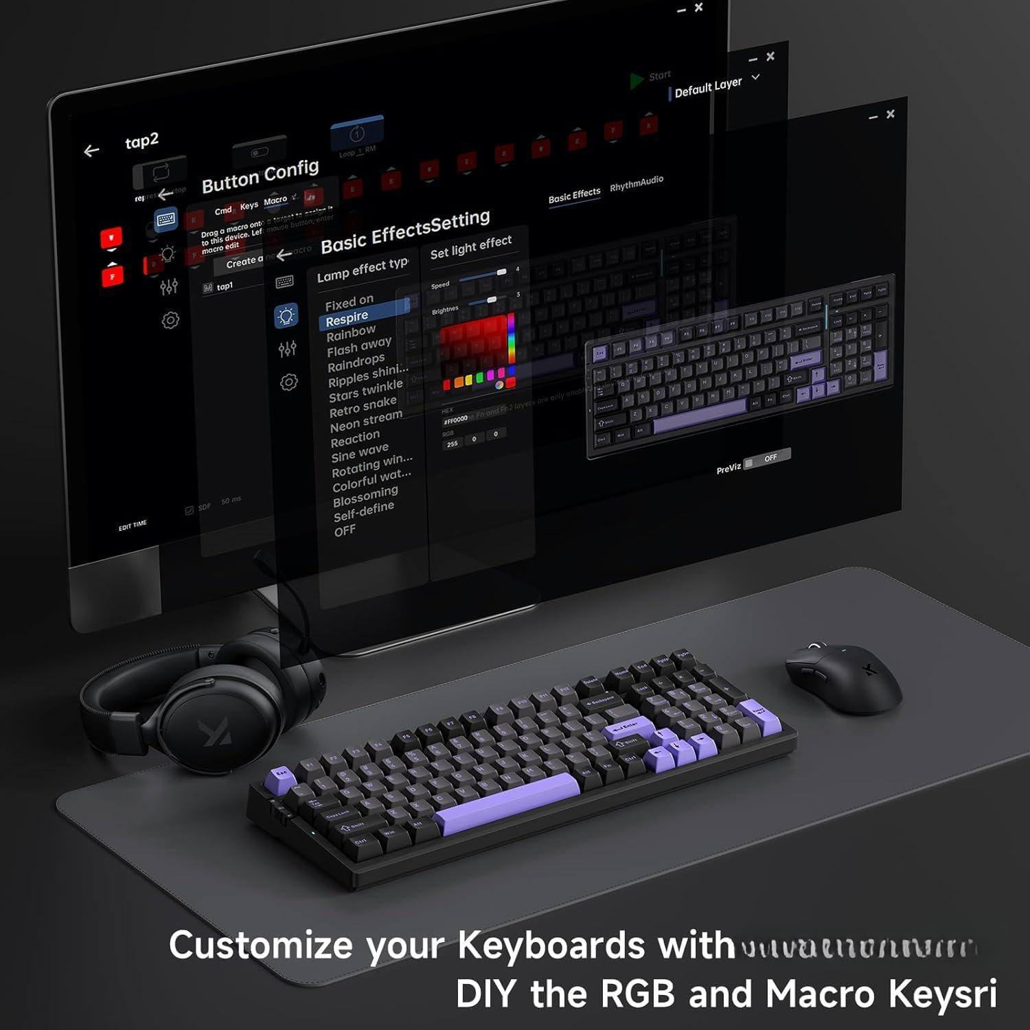Sure, here is the corrected and grouped text:

---

**Button Config**

- Create a new layer
- Edit layer
- Delete layer
- Basic Effects
  - Lamp effect type
    - Fixed on
    - Respire
    - Rainbow
    - Flash away
    - Raindrops
    - Ripples shine
    - Stars twinkle
    - Retro snake
    - Neon stream
    - Reaction
    - Sine wave win...
    - Rotating wave
    - Colorful
    - Blossoming
    - Self-define
  - OFF
  - Effects Rhythnuludio
    - Basic
    - 1
    - 2
    - 3
    - 4
    - 5
    - 6
    - 7
    - 8
    - 9
    - 10
    - 11
    - 12
    - 13
    - 14
    - 15
    - 16
    - 17
    - 18
    - 19
    - 20
    - 21
    - 2