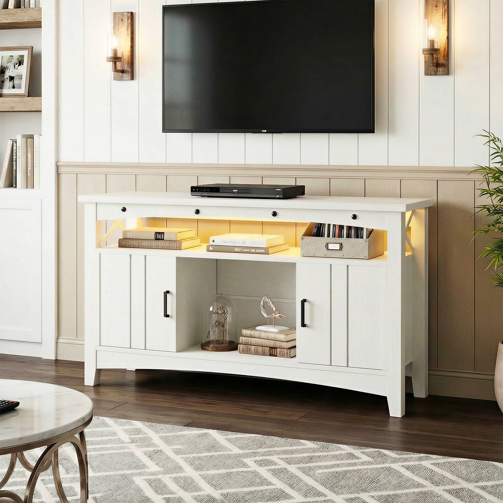 Alt View 3. Aheaplus - Farmhouse Coffee Bar Cabinet with Charging Station, LED Lights & Movable Wine Rack - White.