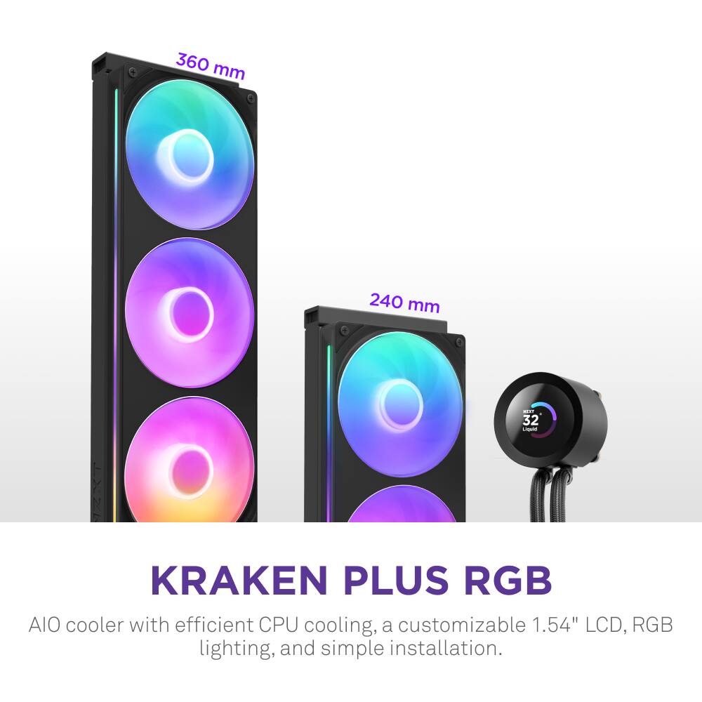 The image features a Kraken Plus RGB AIO cooler, which is a 360 mm and 240 mm liquid cooling system with efficient CPU cooling, a customizable 1.54" LCD, RGB lighting, and simple installation. The cooler is designed to provide better performance and aesthetics for your computer setup.