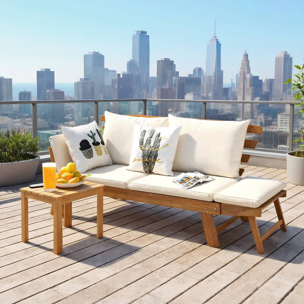 Front. Kadyn - Adjustable Patio Convertible Sofa with Thick Cushion-White, Sectional Sofa Set with Ottoman, Wood Couch - White.