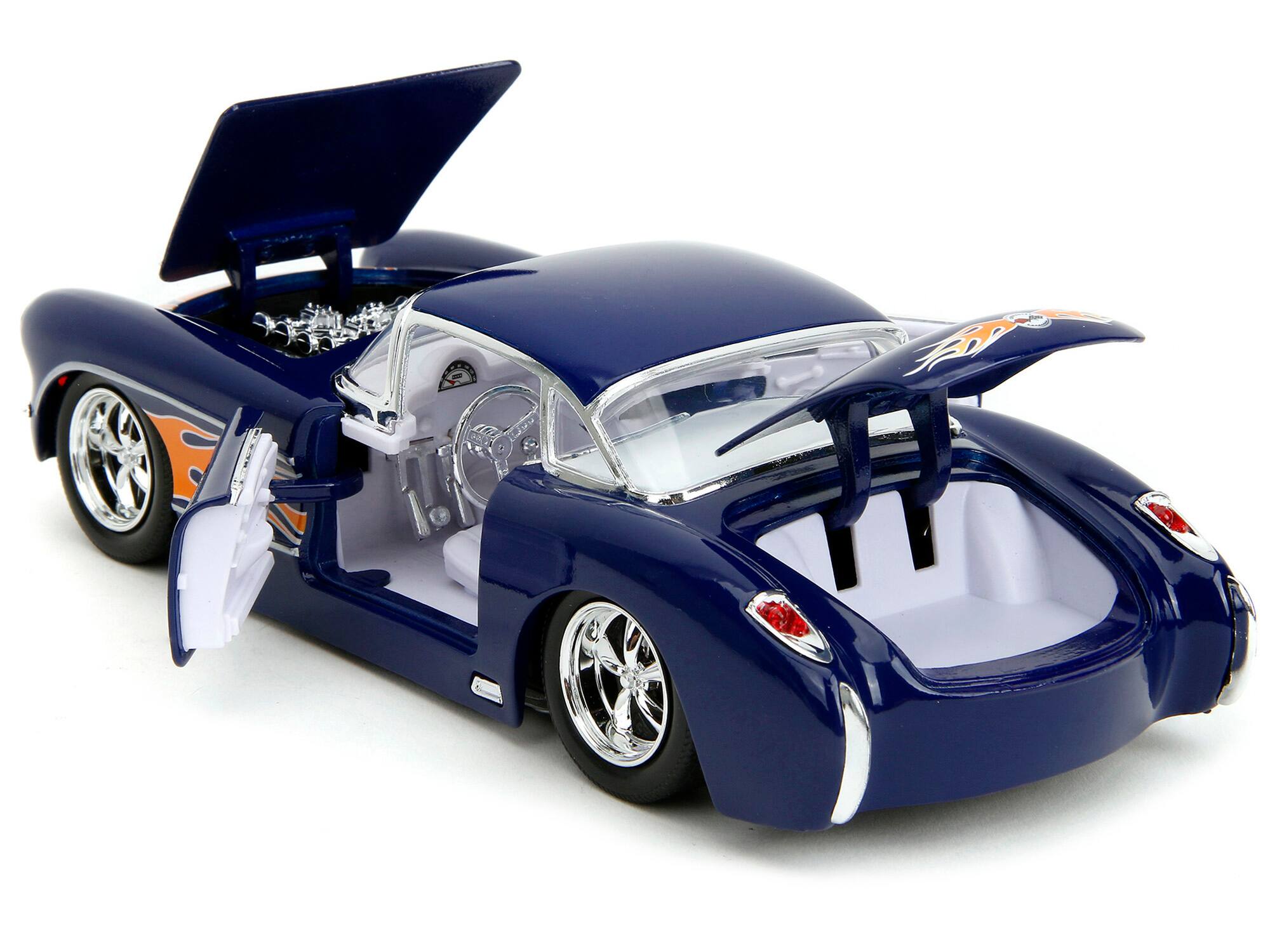 Back. Jada - 1957 Chevrolet Corvette Dark Blue with Flame Graphics and White Interior "Bigtime Muscle" Series 1/24 -  Dark Blue with White.