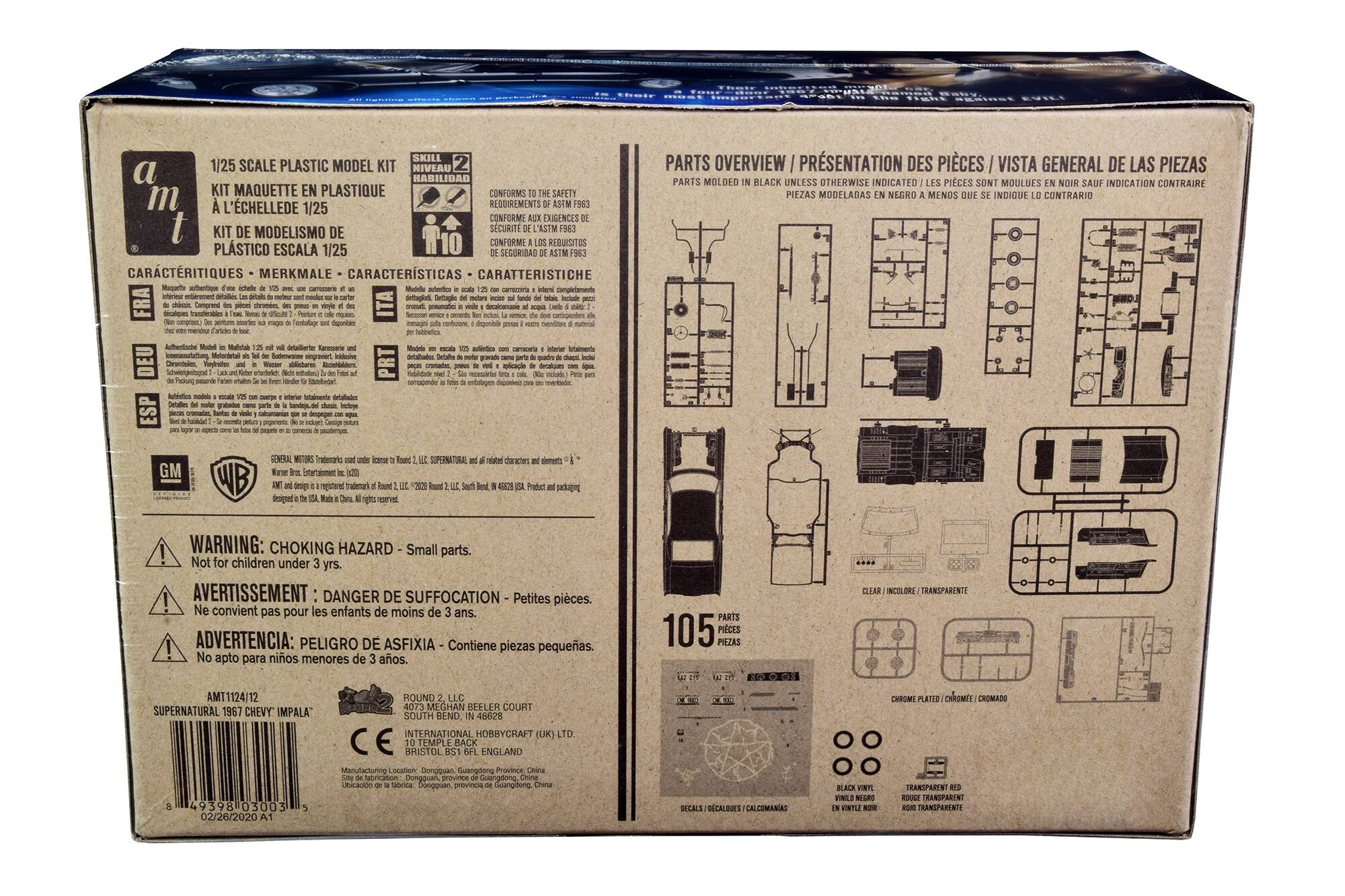 Sure, here is the corrected and grouped text from the image:

---

**1/25 SCALE PLASTIC MODEL KIT**

**KIT MAQUETTE EN PLASTIQUE À L'ÉCHELLE 1/25**

**KIT DE MODELISMO DE PLÁSTICO ESCALA 1/25**

**CARACTERÍSTICAS - MERKMALE - CARATTERISTICHE**

- Maqueta auténtica a escala 1/25 con carrocería y detalles interiores.
- Modelo auténtico a escala 1/25 con carrocería y detalles interiores.
- Auténtico modelo a escala 1/25 con carrocería y detalles interiores.

**SKILL LEVEL 2**

**NIVEAU 2**

**HABILIDAD 2**

**CONFORMS TO THE SAFETY REQUIREMENTS OF ASTM F963**

**CONFORME AUX EXIGENCES DE SÉCURITÉ DE L'ASTM F963**

**CONFORME A LOS REQUISITOS DE SEGURIDAD DE ASTM F963**

**CONFORME A LA SEGURIDAD DE ASTM F9