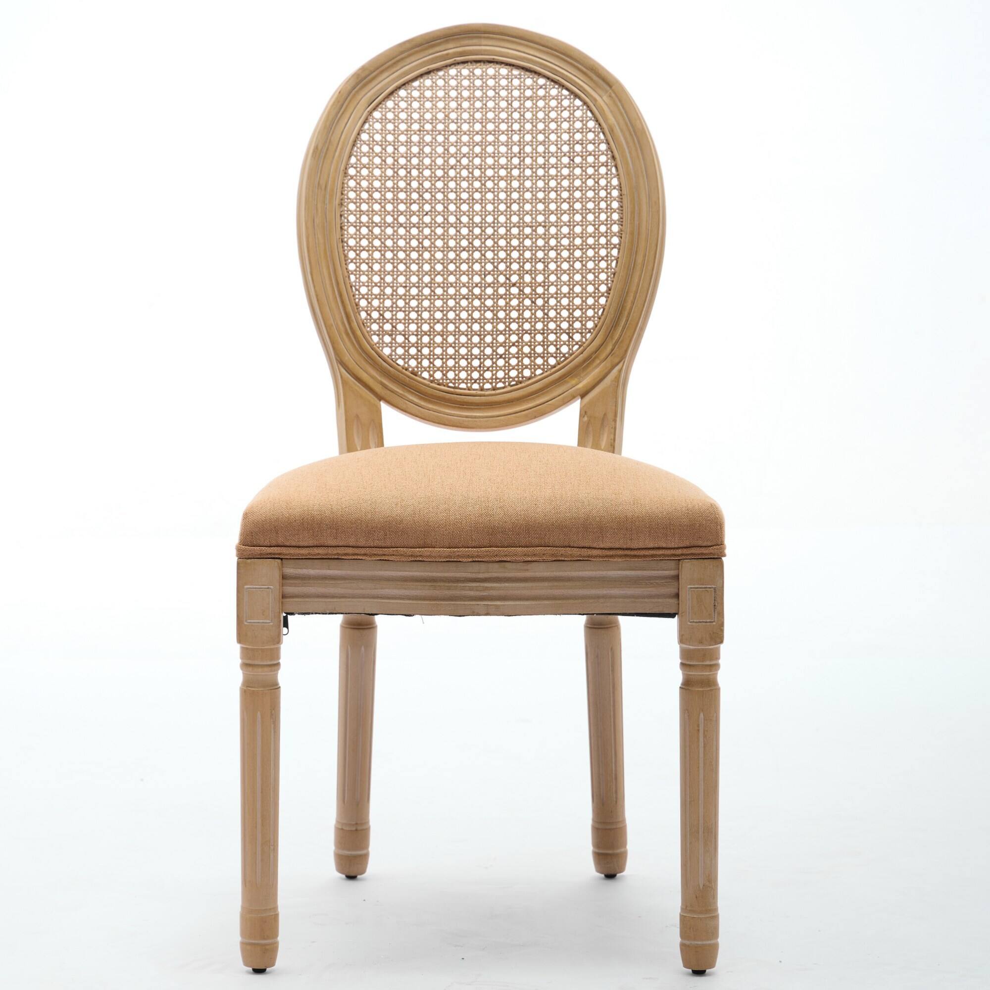 Angle. GOODSILO - French Style Solid Wood Dining Chairs with Linen Upholstery and Rattan Backrest, Set of 2 - Tan.