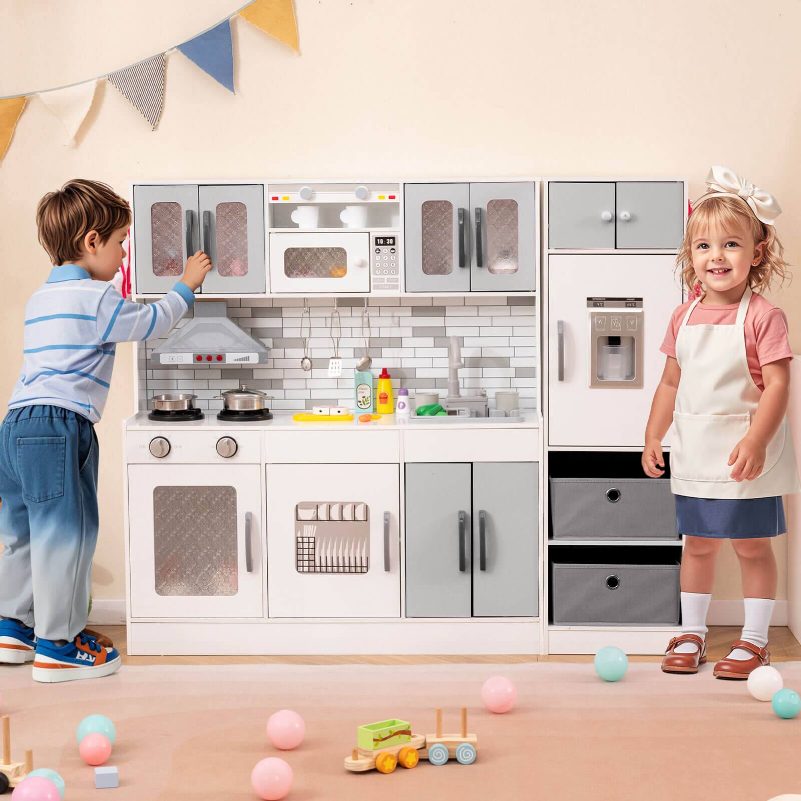 Alt View 1. Costway - Costway Wooden Kitchen Playset w/Lights Sounds Interactive Features Storage Accessories - Gray,White.