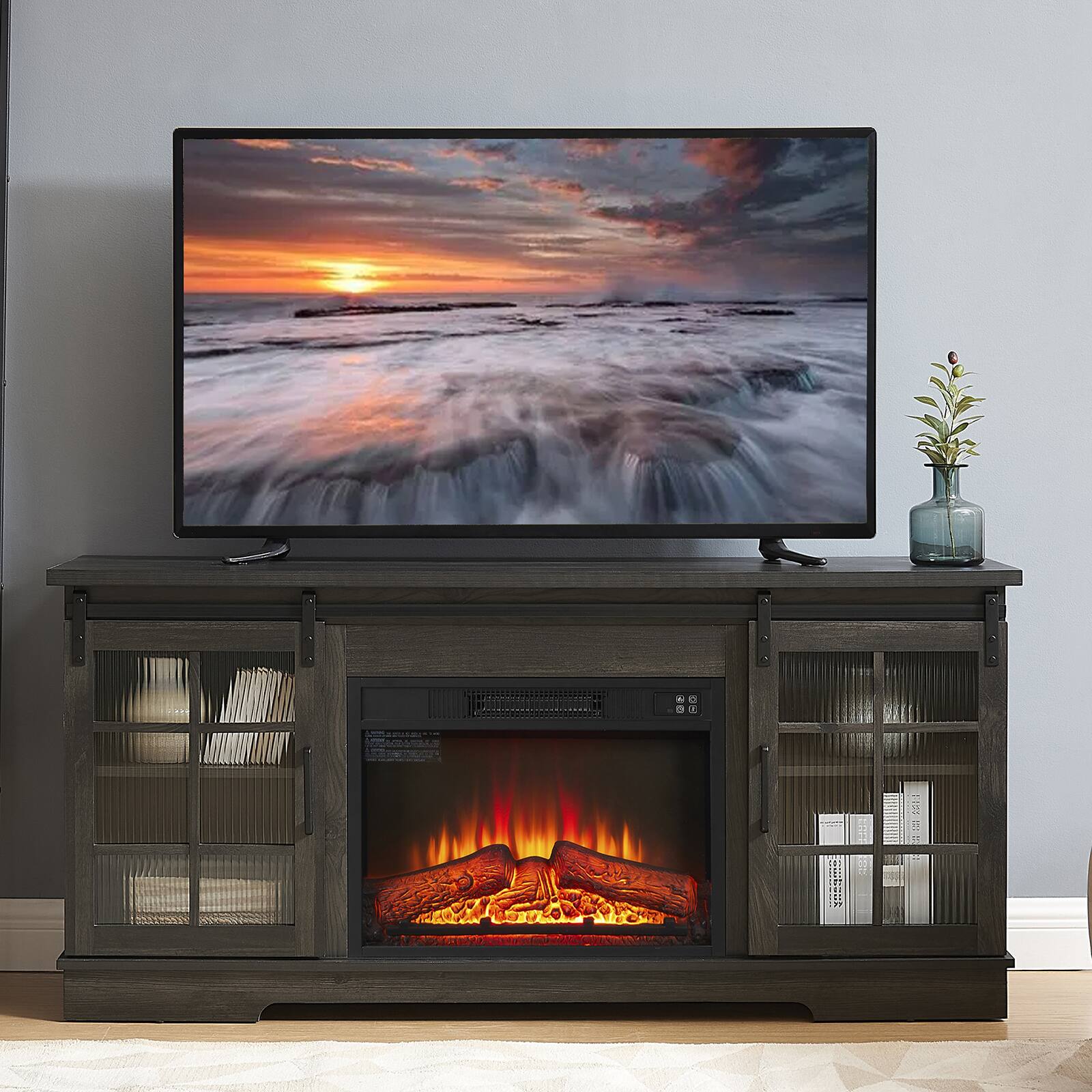 Front. Chateau Abodes - 60" Farmhouse TV Stand with 23" Fireplace, 2 Fluted Glass Doors & Large Storage for up to 65" TVs - Charcoal Grey.