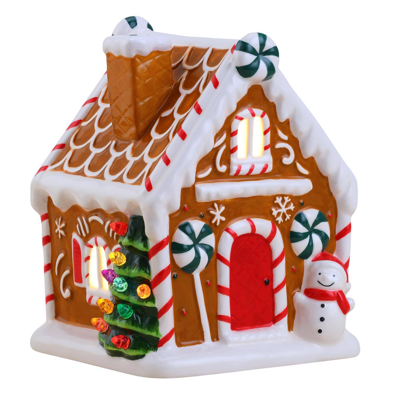 Angle. Mr. Christmas - Mr. Christmas LED Brown Ceramic Gingerbread House Christmas Village 7 in. (Case of 4) - Brown|Multicolored.