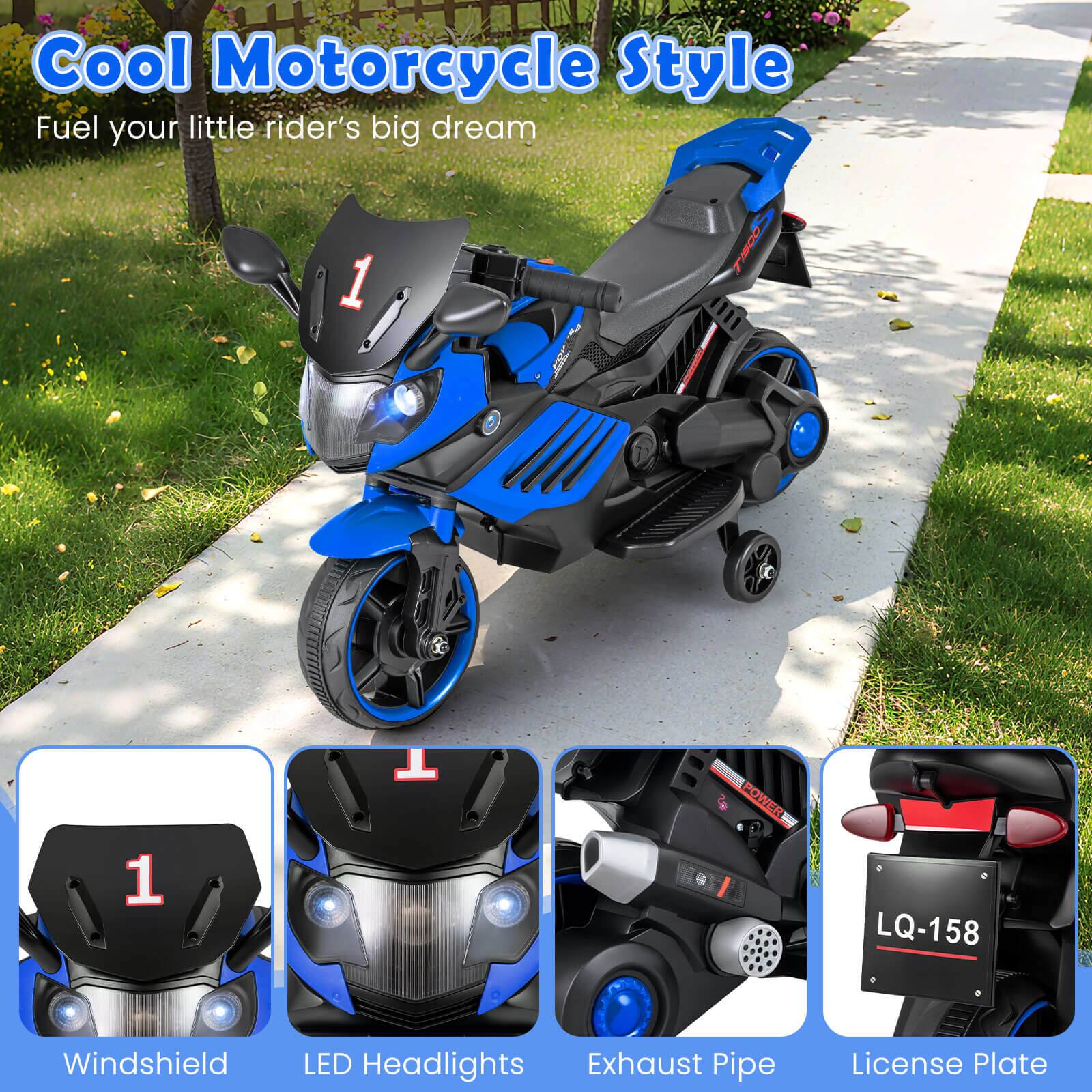Cool Motorcycle Style  
Fuel your little rider's big dream  

1. Windshield  
2. LED Headlights  
3. Exhaust Pipe  
4. License Plate  

LQ-158