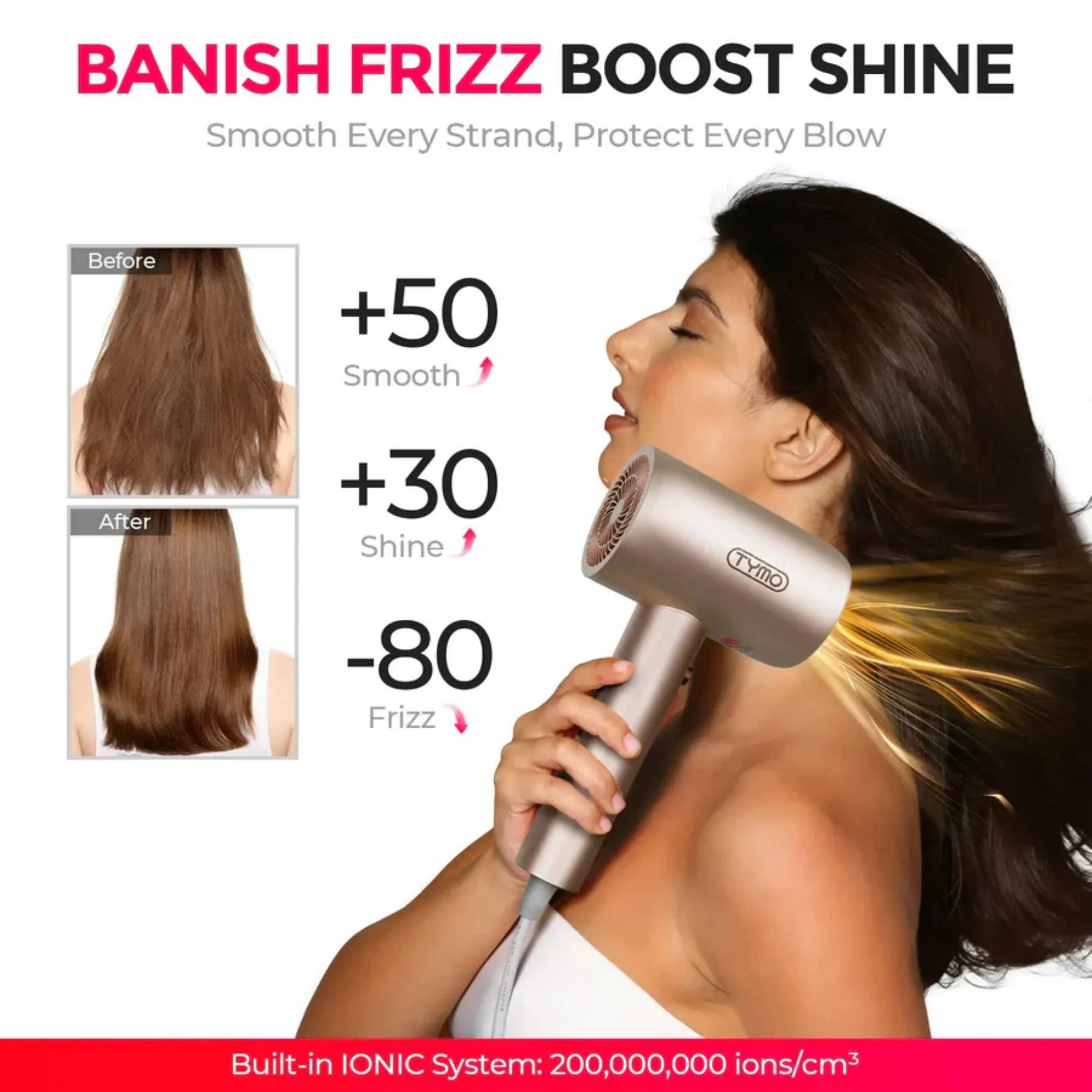 BANISH FRIZZ BOOST SHINE  
Smooth Every Strand, Protect Every Blow  

Before  
+50 Smooth  
+30 Shine  
-80 Frizz  

Built-in IONIC System: 200,000,000 ions/cm³