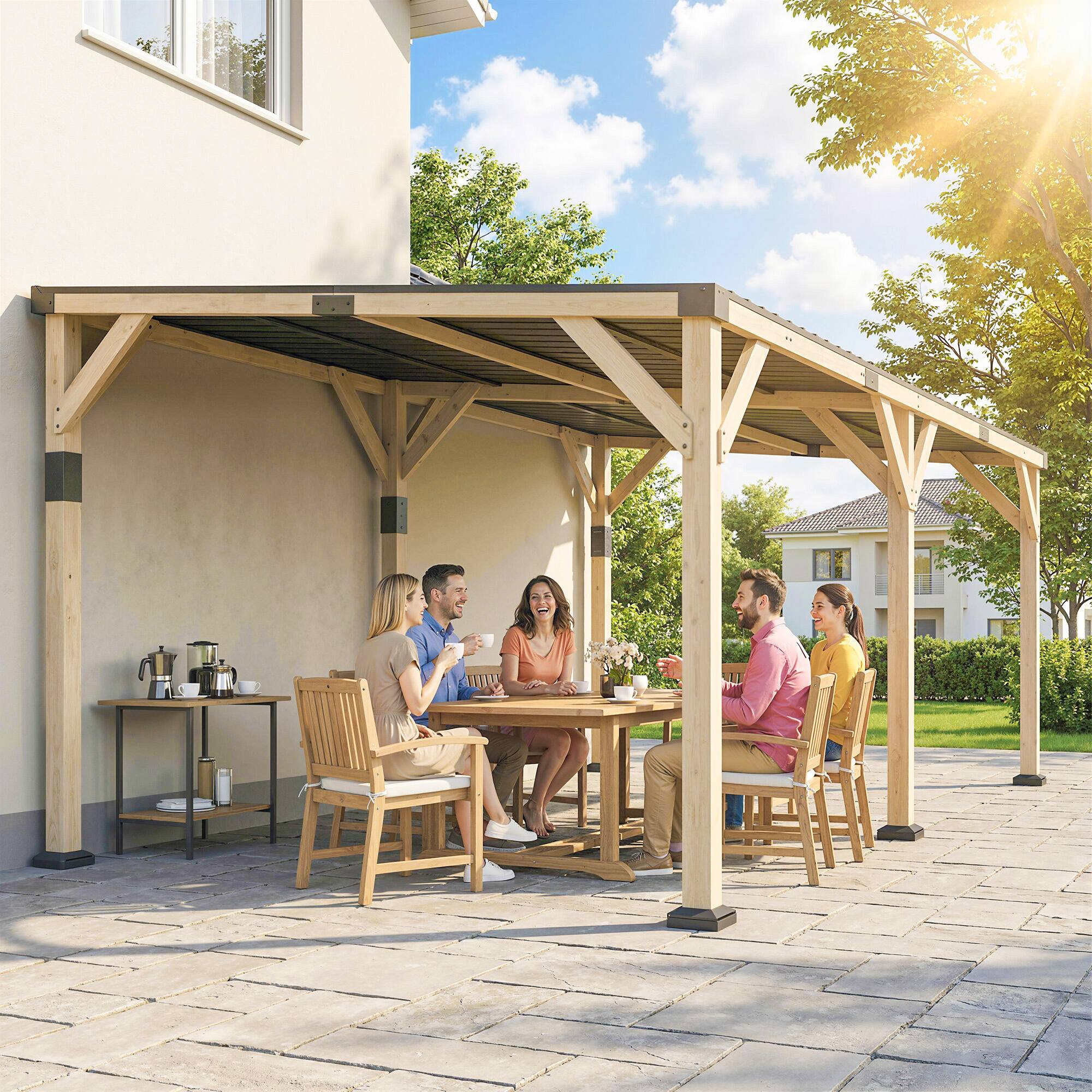 Alt View 1. Outsunny - x 20' Wooden Gazebo, Hardtop Lean-to Gazebo Pergola with Galvanized Steel Sloped Roof.